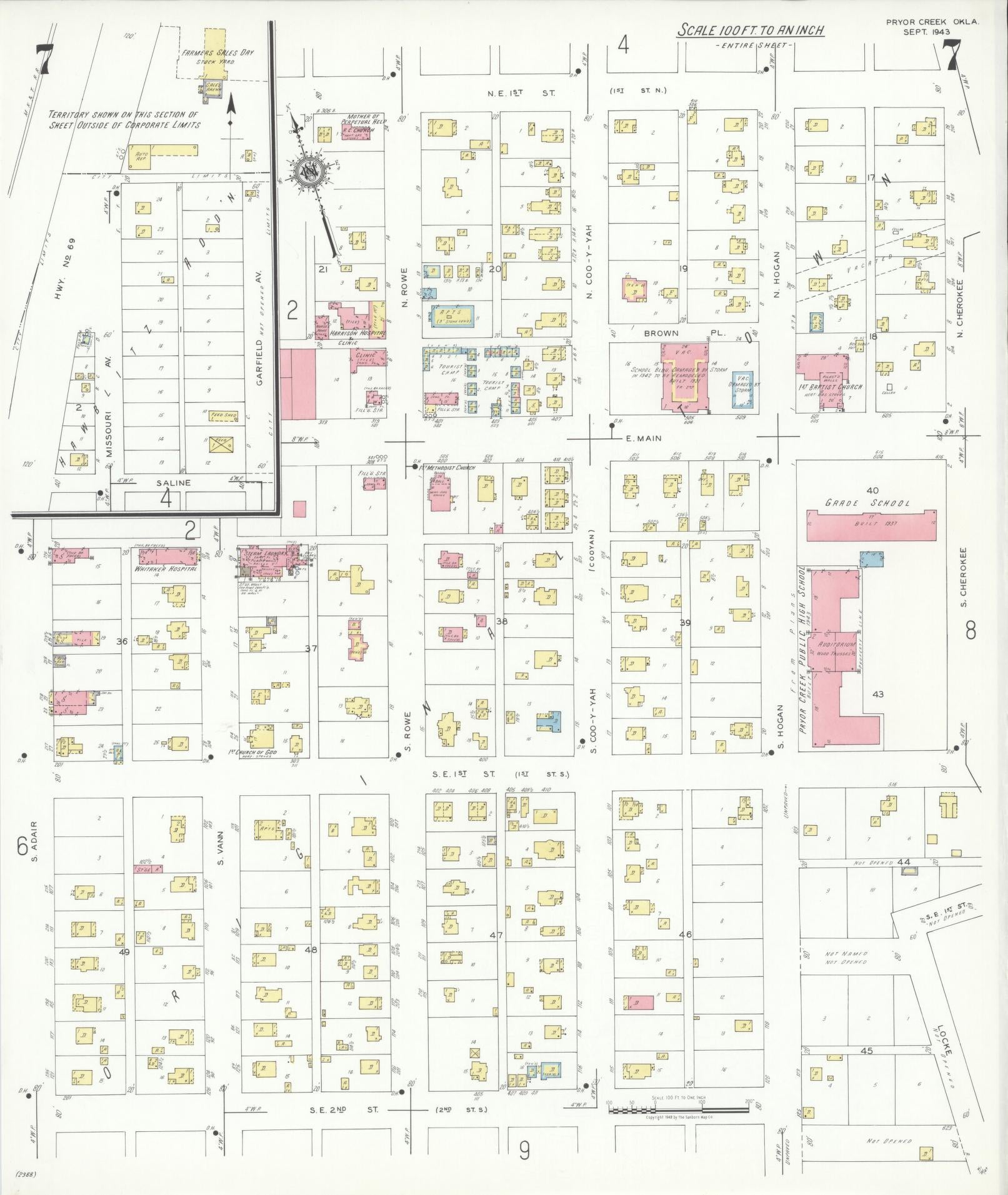 Sanborn Fire Insurance Map from Pryor Creek, Mayes County, Oklahoma (1943), Sheet #0007 - Historic Sanborn Fire Insurance Map Print, vintage old map wall art, antique decor, genealogy gift, Oklahoma Oklahoma map