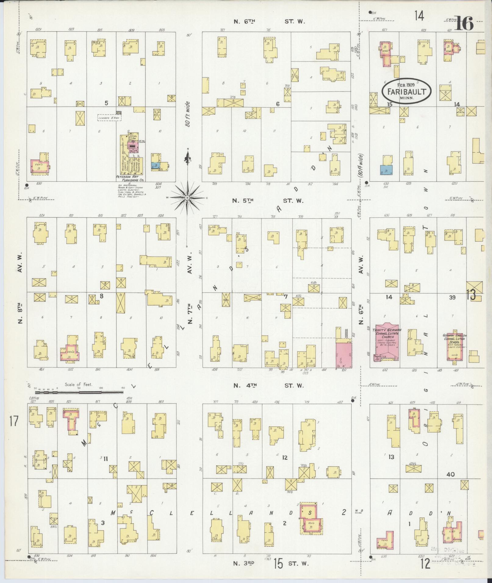 Sanborn Fire Insurance Map from Faribault, Rice County, Minnesota (1909), Sheet #0016 - Complete Map Set gallery image, historic Sanborn map, vintage wall art, Minnesota Minnesota