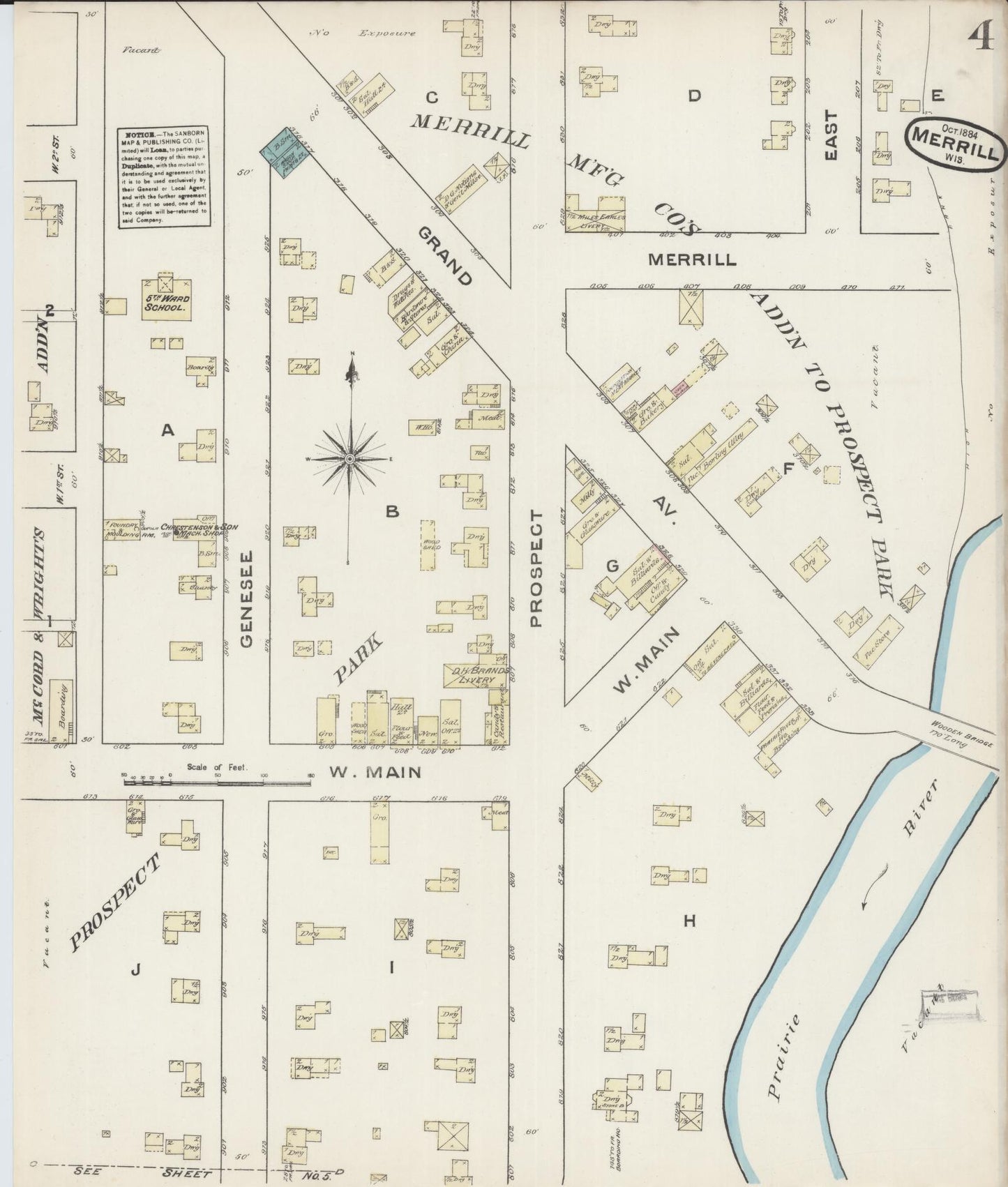 Sanborn Fire Insurance Map from Merrill, Lincoln County, Wisconsin (1884), Sheet #0004 - Complete Map Set gallery image, historic Sanborn map, vintage wall art, Wisconsin Wisconsin