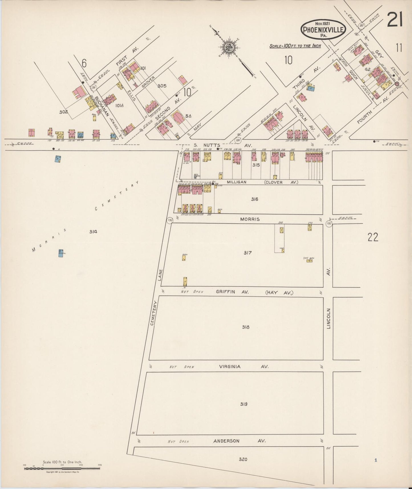 Sanborn Fire Insurance Map from Phoenixville, Chester County, Pennsylvania (1921), Sheet #0021 - Historic Sanborn Fire Insurance Map Print, vintage old map wall art, antique decor, genealogy gift, Pennsylvania Pennsylvania map