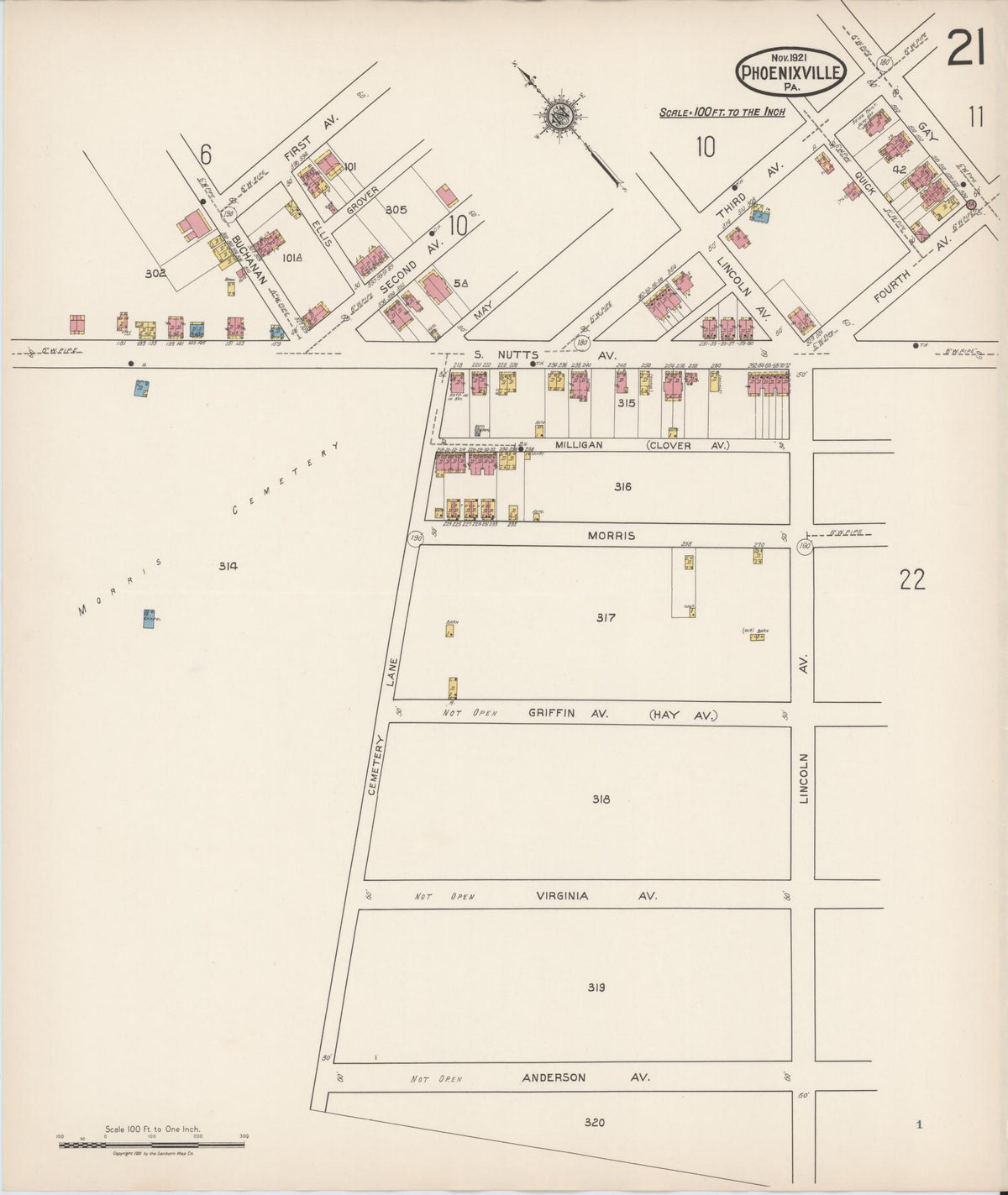 Sanborn Fire Insurance Map from Phoenixville, Chester County, Pennsylvania (1921), Sheet #0021 - Historic Sanborn Fire Insurance Map Print, vintage old map wall art, antique decor, genealogy gift, Pennsylvania Pennsylvania map