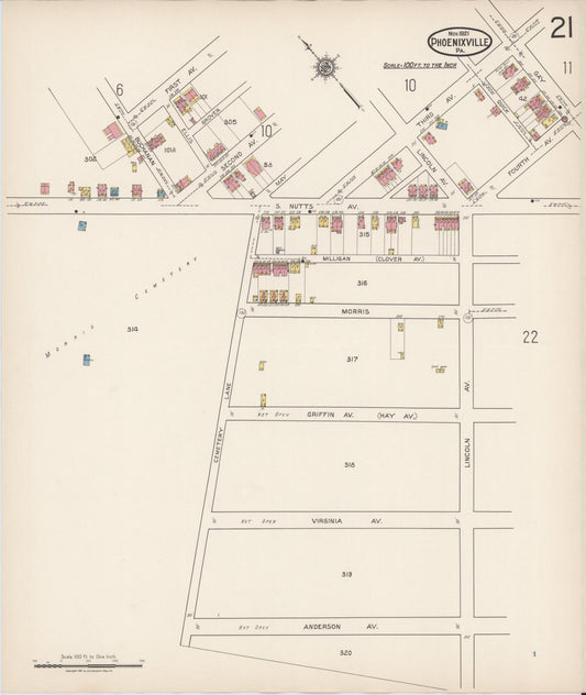 Sanborn Fire Insurance Map from Phoenixville, Chester County, Pennsylvania (1921), Sheet #0021 - Historic Sanborn Fire Insurance Map Print, vintage old map wall art, antique decor, genealogy gift, Pennsylvania Pennsylvania map