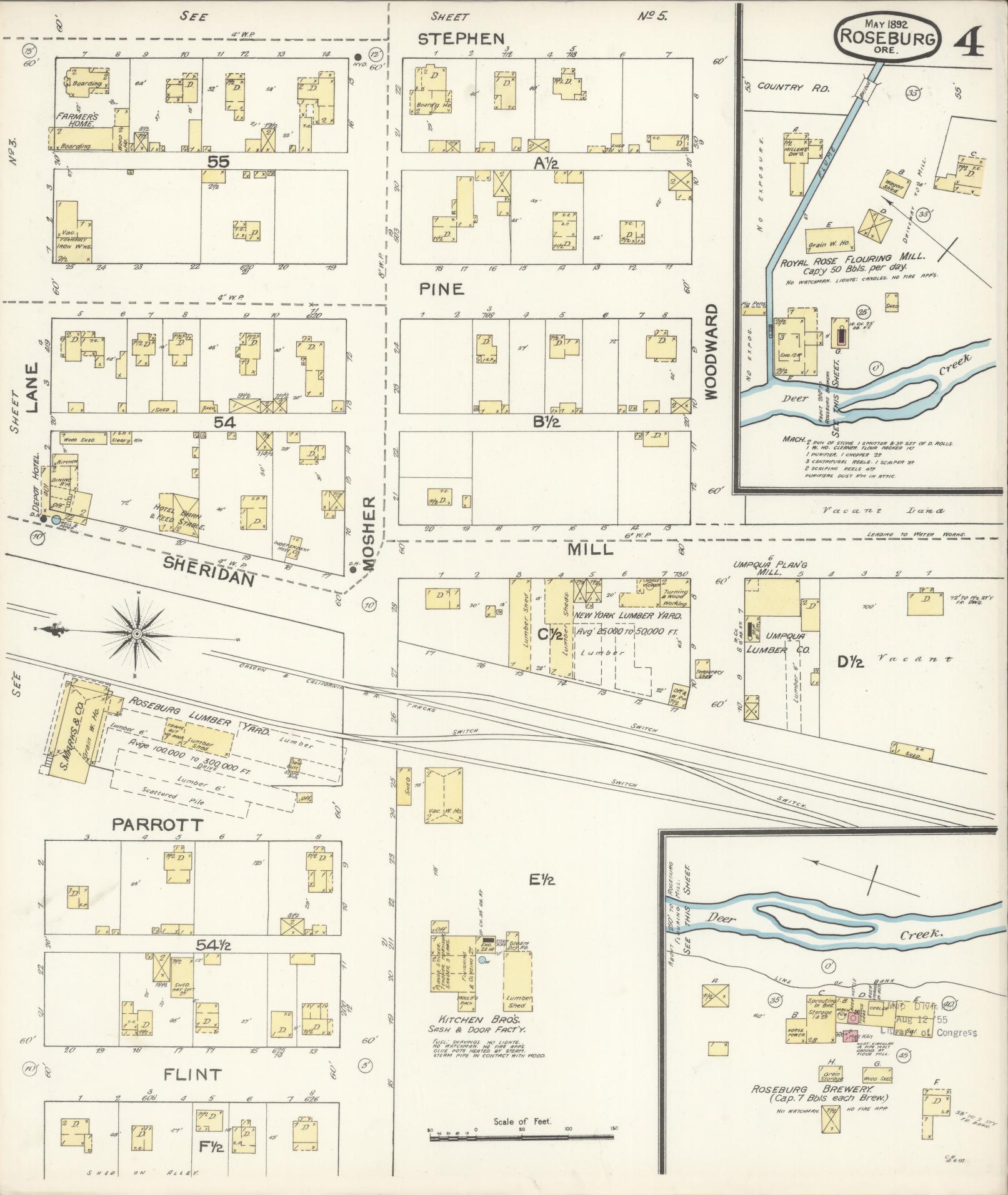 Sanborn Fire Insurance Map from Roseburg, Douglas County, Oregon (1892), Sheet #0004 - Historic Sanborn Fire Insurance Map Print, vintage old map wall art, antique decor, genealogy gift, Oregon Oregon map
