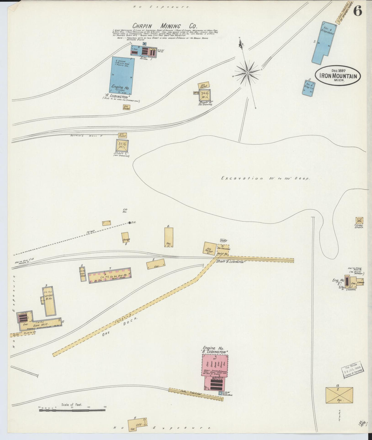 Sanborn Fire Insurance Map from Iron Mountain, Dickinson County, Michigan (1897), Sheet #0006 - Historic Sanborn Fire Insurance Map Print, vintage old map wall art, antique decor, genealogy gift, Michigan Michigan map