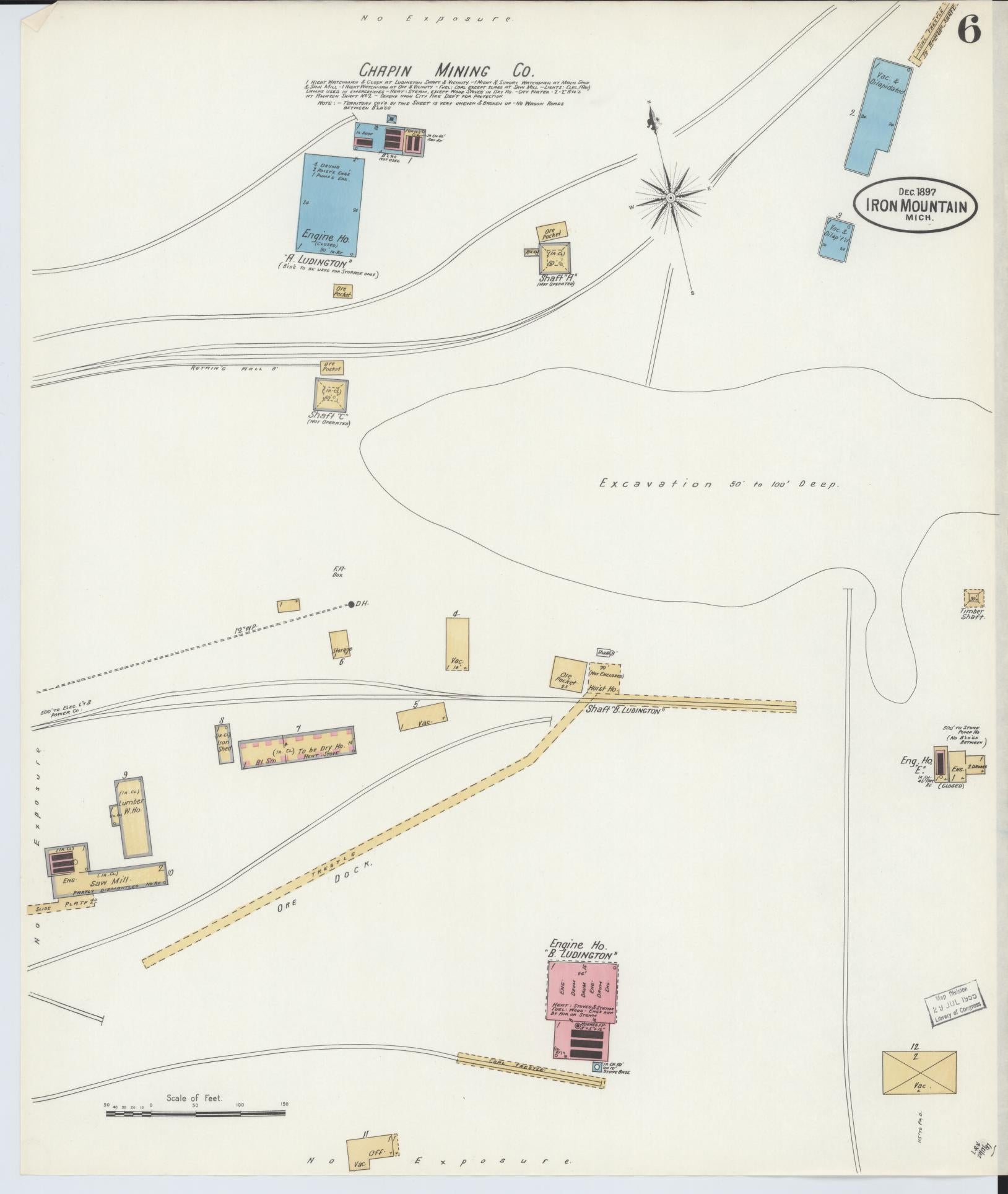 Sanborn Fire Insurance Map from Iron Mountain, Dickinson County, Michigan (1897), Sheet #0006 - Historic Sanborn Fire Insurance Map Print, vintage old map wall art, antique decor, genealogy gift, Michigan Michigan map