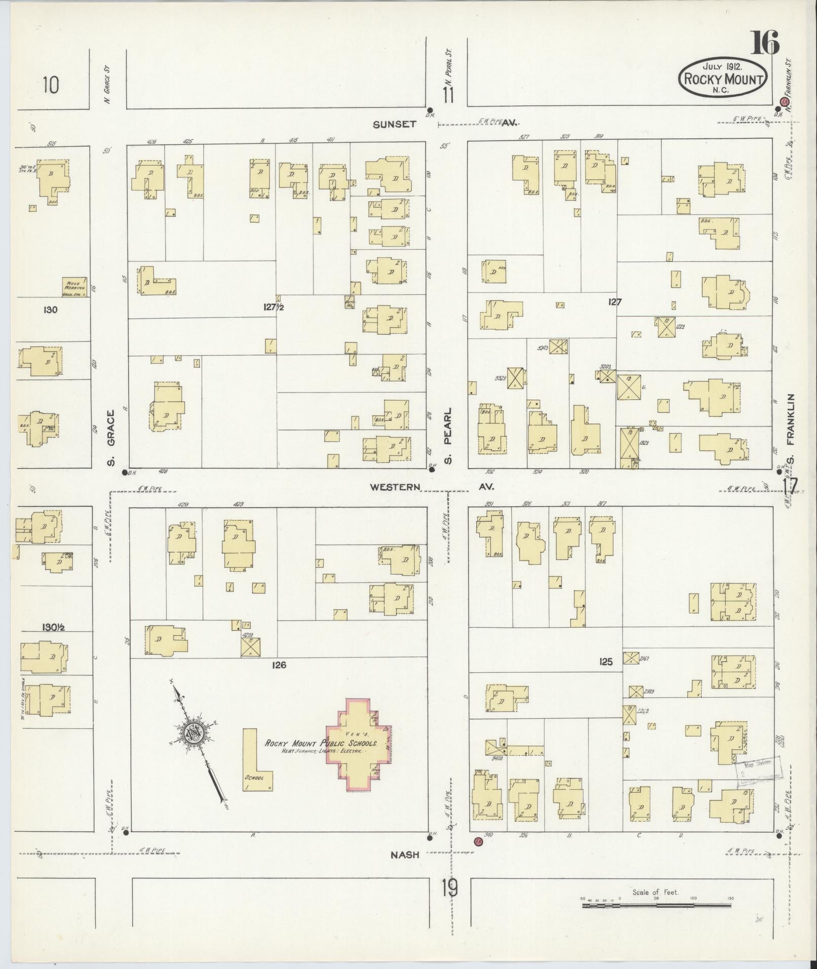 Sanborn Fire Insurance Map from Rocky Mount, Edgecombe And Nash Counties, North Carolina (1912), Sheet #0016 - Complete Map Set gallery image, historic Sanborn map, vintage wall art, North Carolina North Carolina