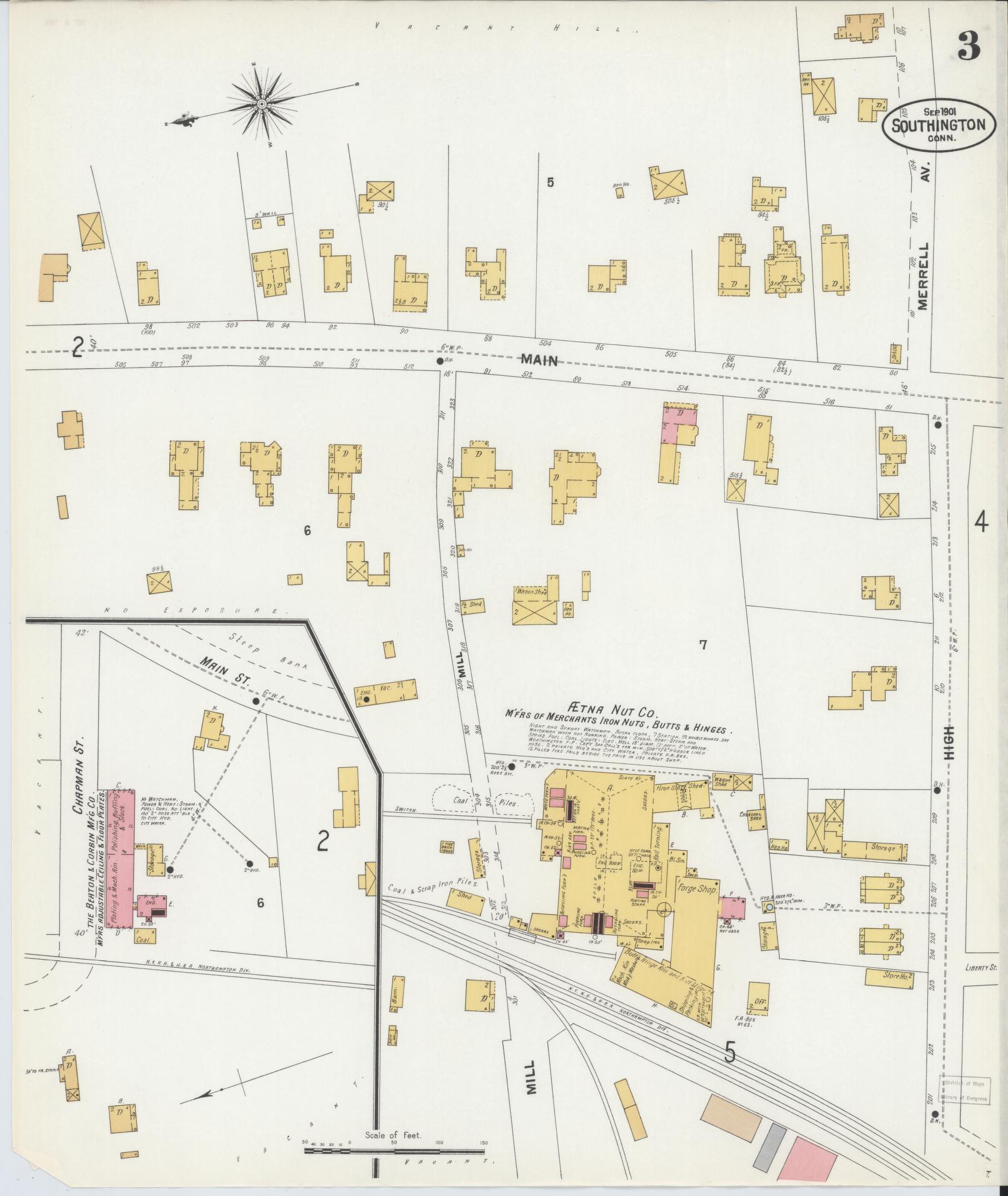 Sanborn Fire Insurance Map from Southington, Hartford County, Connecticut (1901), Sheet #0003 - Complete Map Set gallery image, historic Sanborn map, vintage wall art, Connecticut Connecticut