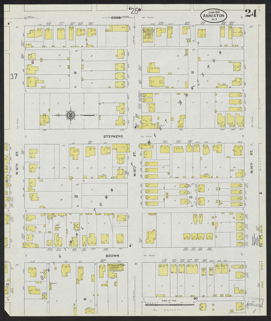 Sanborn Fire Insurance Map from Anniston, Calhoun County, Alabama (1910), Sheet #0024 - Historic Sanborn Fire Insurance Map Print, vintage old map wall art, antique decor, genealogy gift, Alabama Alabama map