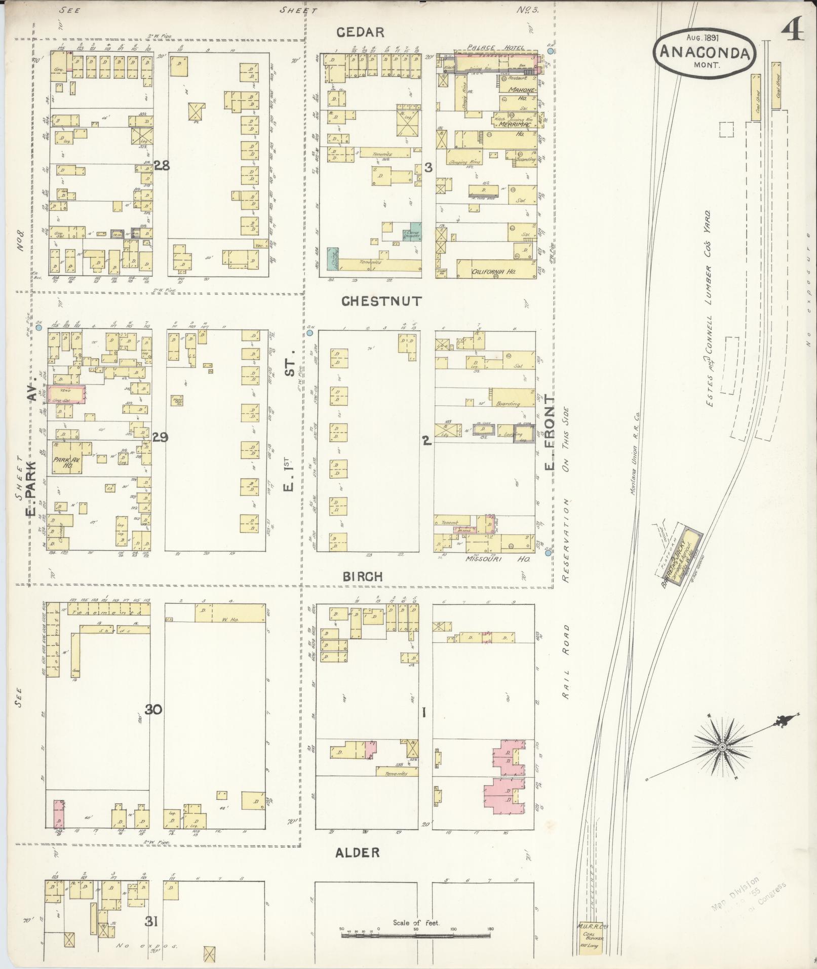 Sanborn Fire Insurance Map from Anaconda, Deer Lodge County, Montana (1891), Sheet #0004 - Historic Sanborn Fire Insurance Map Print, vintage old map wall art, antique decor, genealogy gift, Montana Montana map