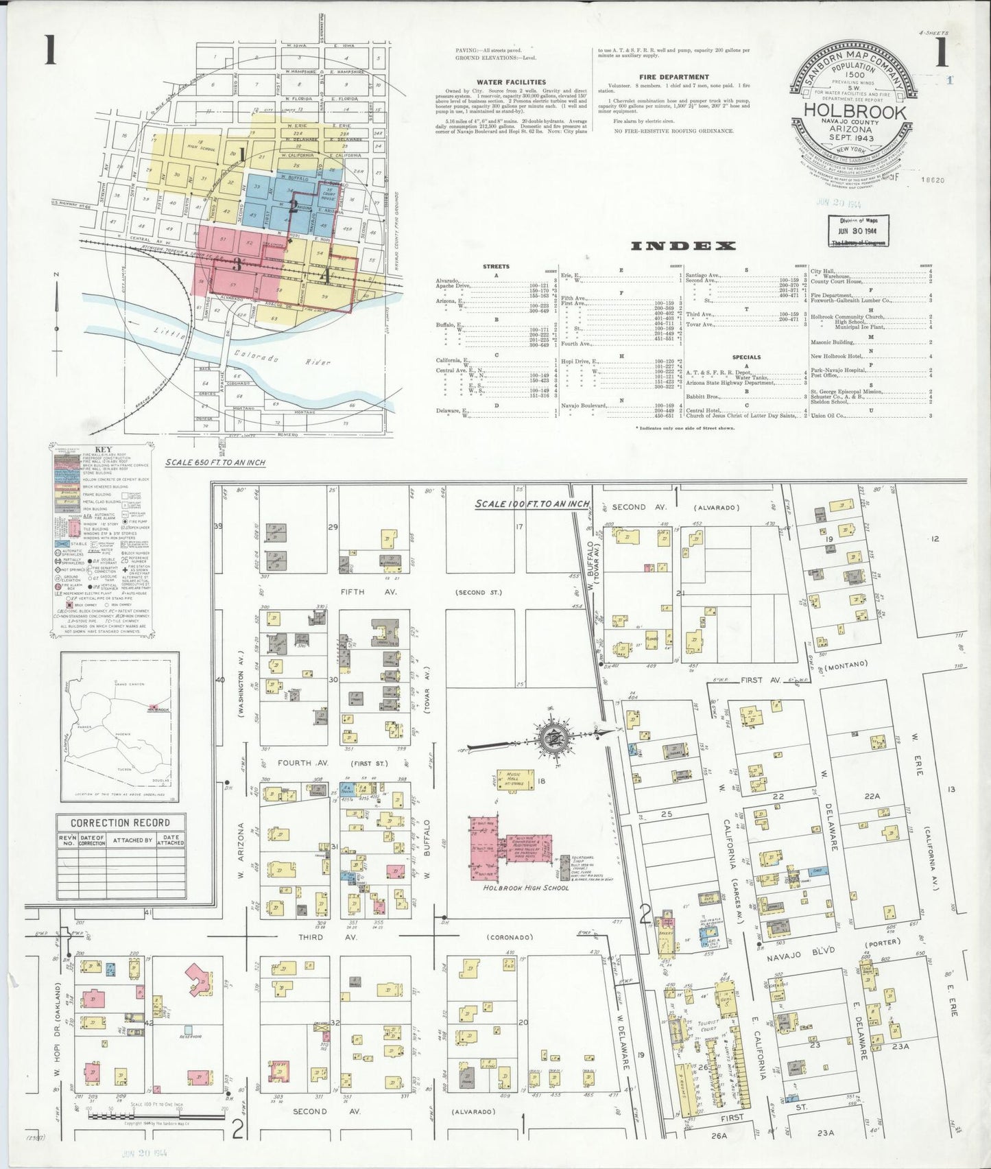 Sanborn Fire Insurance Map from Holbrook, Navajo County, Arizona (1943), Sheet #0001 - Complete Map Set gallery image, historic Sanborn map, vintage wall art, Arizona Arizona