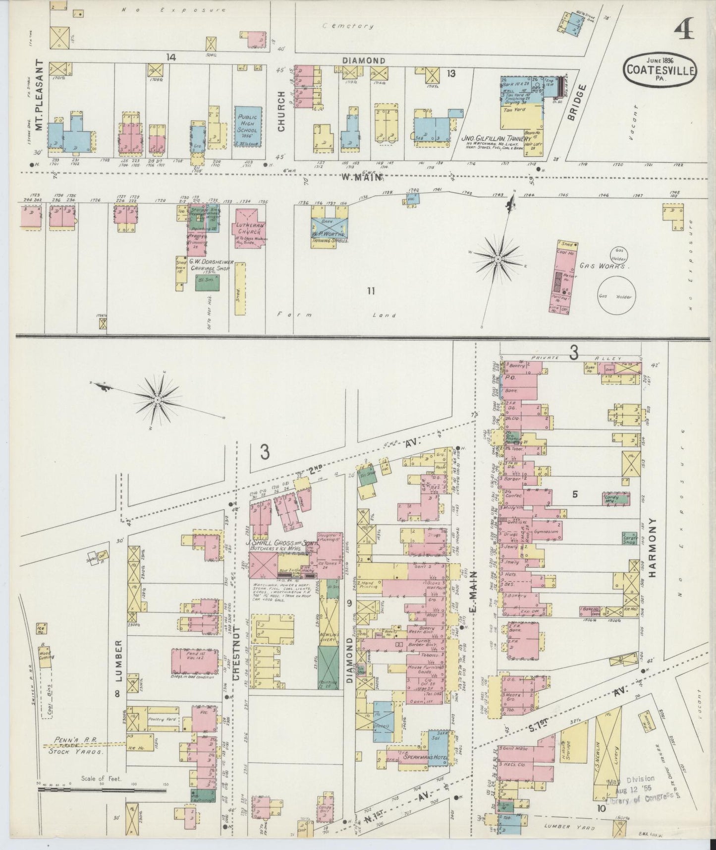Sanborn Fire Insurance Map from Coatesville, Chester County, Pennsylvania (1896), Sheet #0004 - Historic Sanborn Fire Insurance Map Print, vintage old map wall art, antique decor, genealogy gift, Pennsylvania Pennsylvania map
