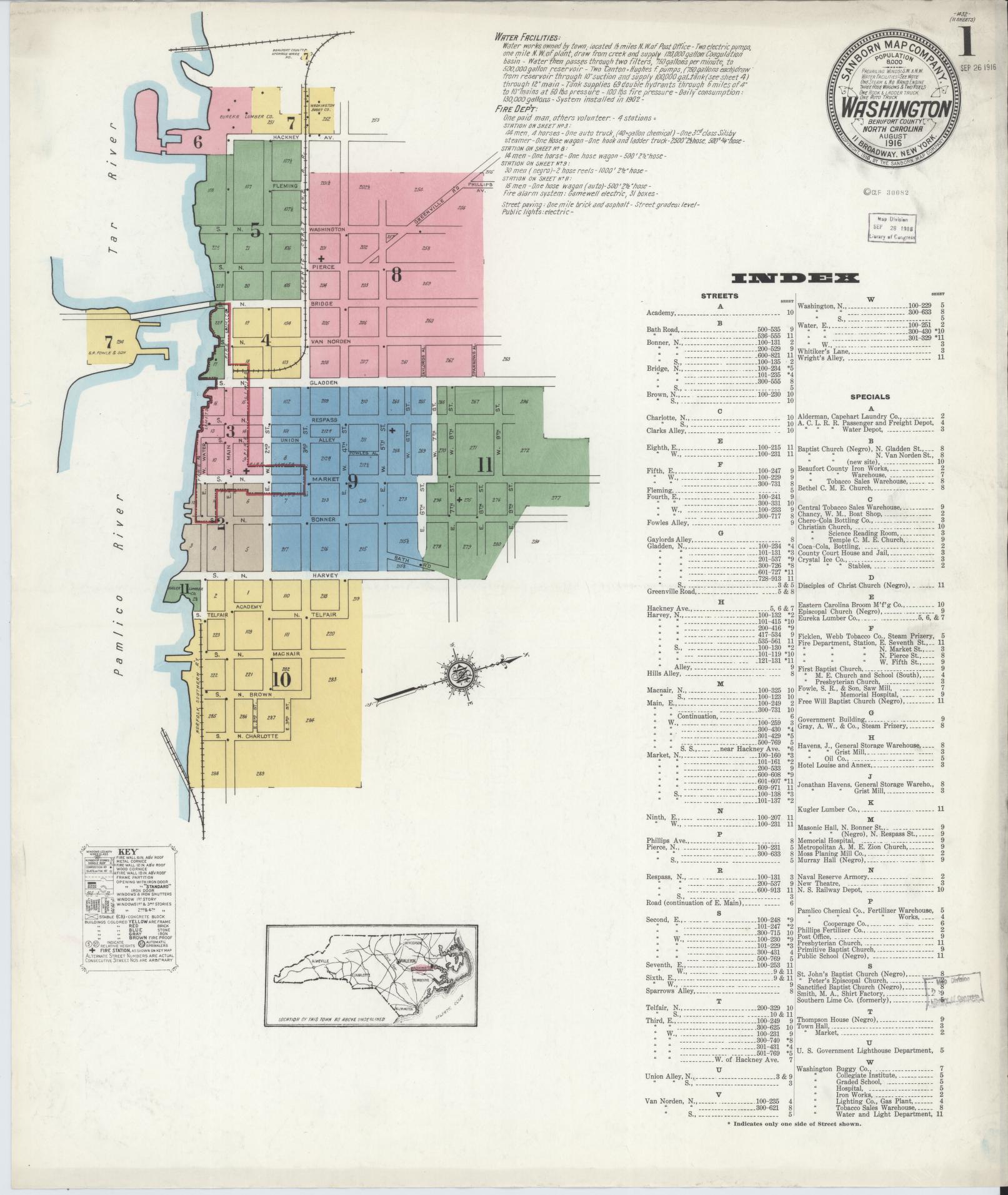 Sanborn Fire Insurance Map from Washington, Beaufort County, North Carolina (1916), Sheet #0001 - Historic Sanborn Fire Insurance Map Print, vintage old map wall art, antique decor, genealogy gift, Washington Washington map