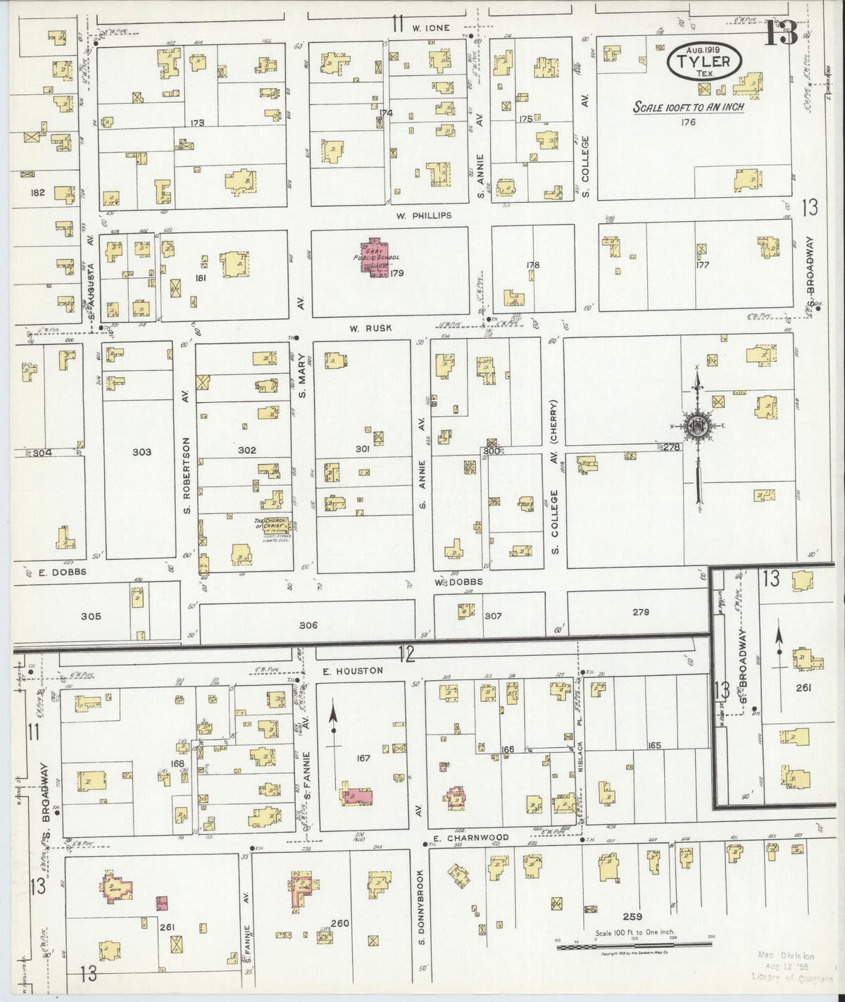Sanborn Fire Insurance Map from Tyler, Smith County, Texas (1919), Sheet #0013 - Complete Map Set gallery image, historic Sanborn map, vintage wall art, Texas Texas