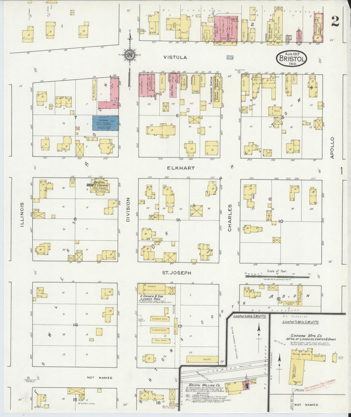 Sanborn Fire Insurance Map from Bristol, Elkhart County, Indiana (1917), Sheet #0002 - Historic Sanborn Fire Insurance Map Print, vintage old map wall art, antique decor, genealogy gift, Indiana Indiana map