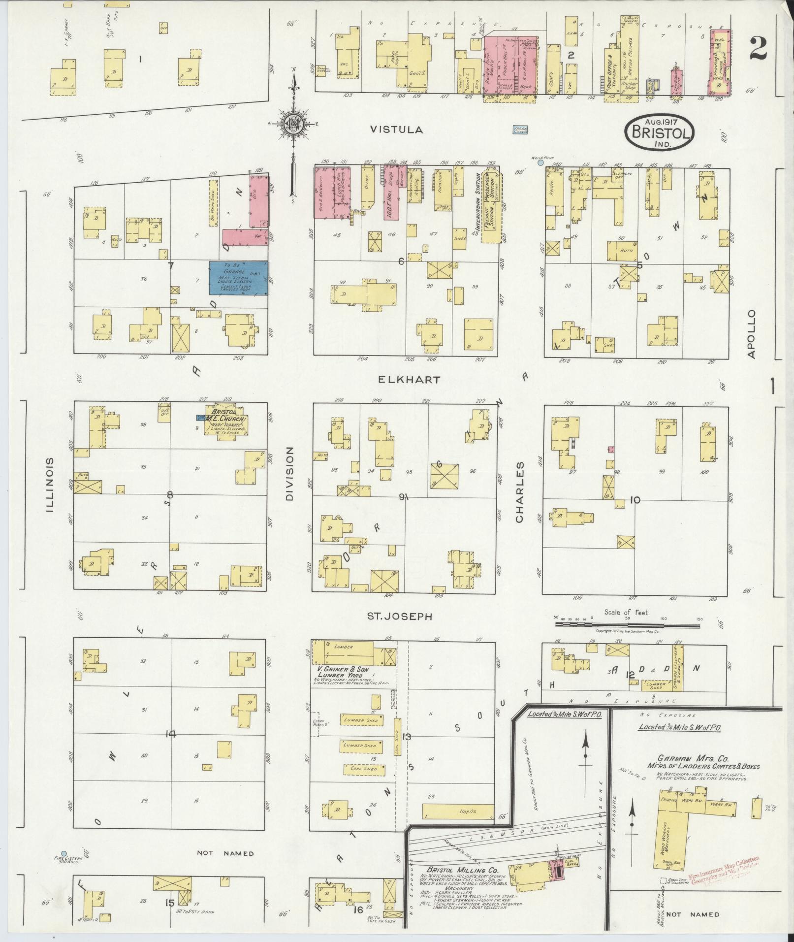 Sanborn Fire Insurance Map from Bristol, Elkhart County, Indiana (1917), Sheet #0002 - Historic Sanborn Fire Insurance Map Print, vintage old map wall art, antique decor, genealogy gift, Indiana Indiana map