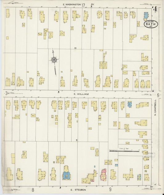 Sanborn Fire Insurance Map from Bath, Steuben County, New York (1915), Sheet #0004 - Historic Sanborn Fire Insurance Map Print, vintage old map wall art, antique decor, genealogy gift, New York New York map