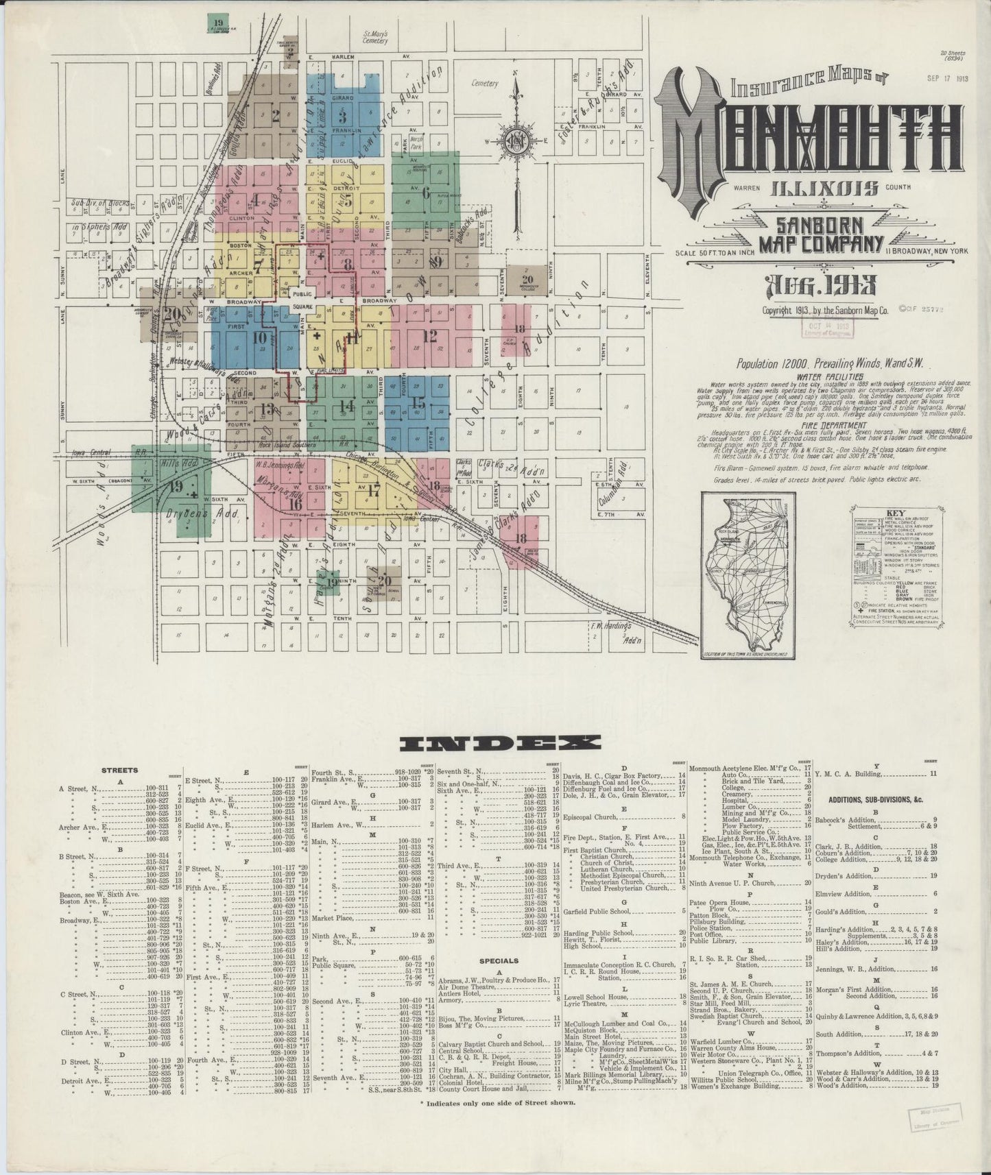 Sanborn Fire Insurance Map from Monmouth, Warren County, Illinois (1913), Sheet #0001 - Complete Map Set gallery image, historic Sanborn map, vintage wall art, Illinois Illinois