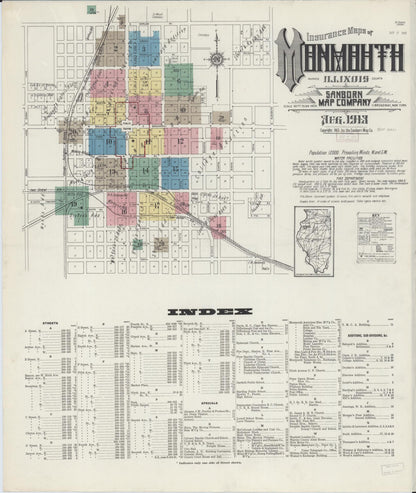 Sanborn Fire Insurance Map from Monmouth, Warren County, Illinois (1913), Sheet #0001 - Complete Map Set gallery image, historic Sanborn map, vintage wall art, Illinois Illinois