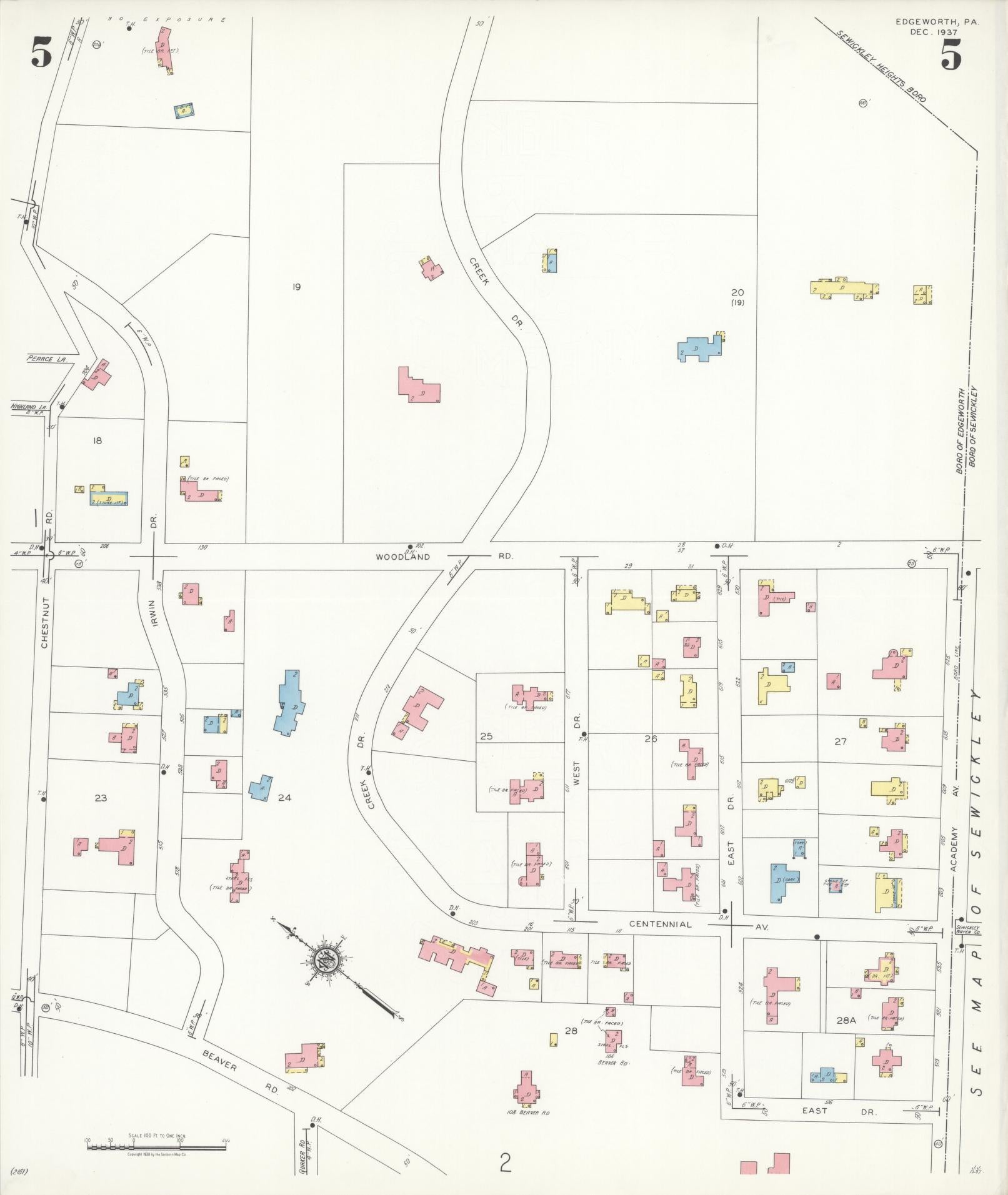 Sanborn Fire Insurance Map from Edgeworth, Allegheny County, Pennsylvania (1938), Sheet #0005 - Historic Sanborn Fire Insurance Map Print, vintage old map wall art, antique decor, genealogy gift, Pennsylvania Pennsylvania map
