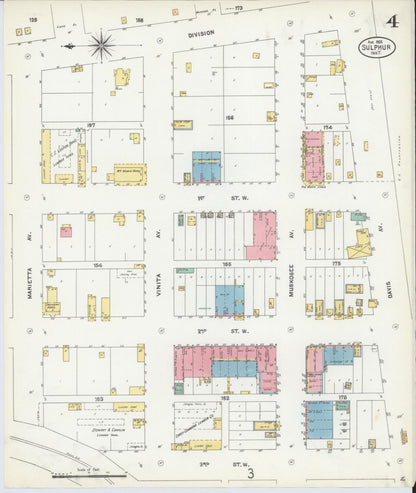 Sanborn Fire Insurance Map from Sulphur, Murray County, Oklahoma (1905), Sheet #0004 - Complete Map Set gallery image, historic Sanborn map, vintage wall art, Oklahoma Oklahoma