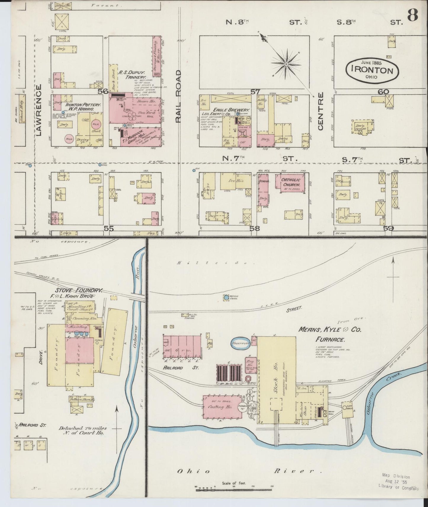 Sanborn Fire Insurance Map from Ironton, Lawrence County, Ohio (1885), Sheet #0008 - Complete Map Set gallery image, historic Sanborn map, vintage wall art, Ohio Ohio