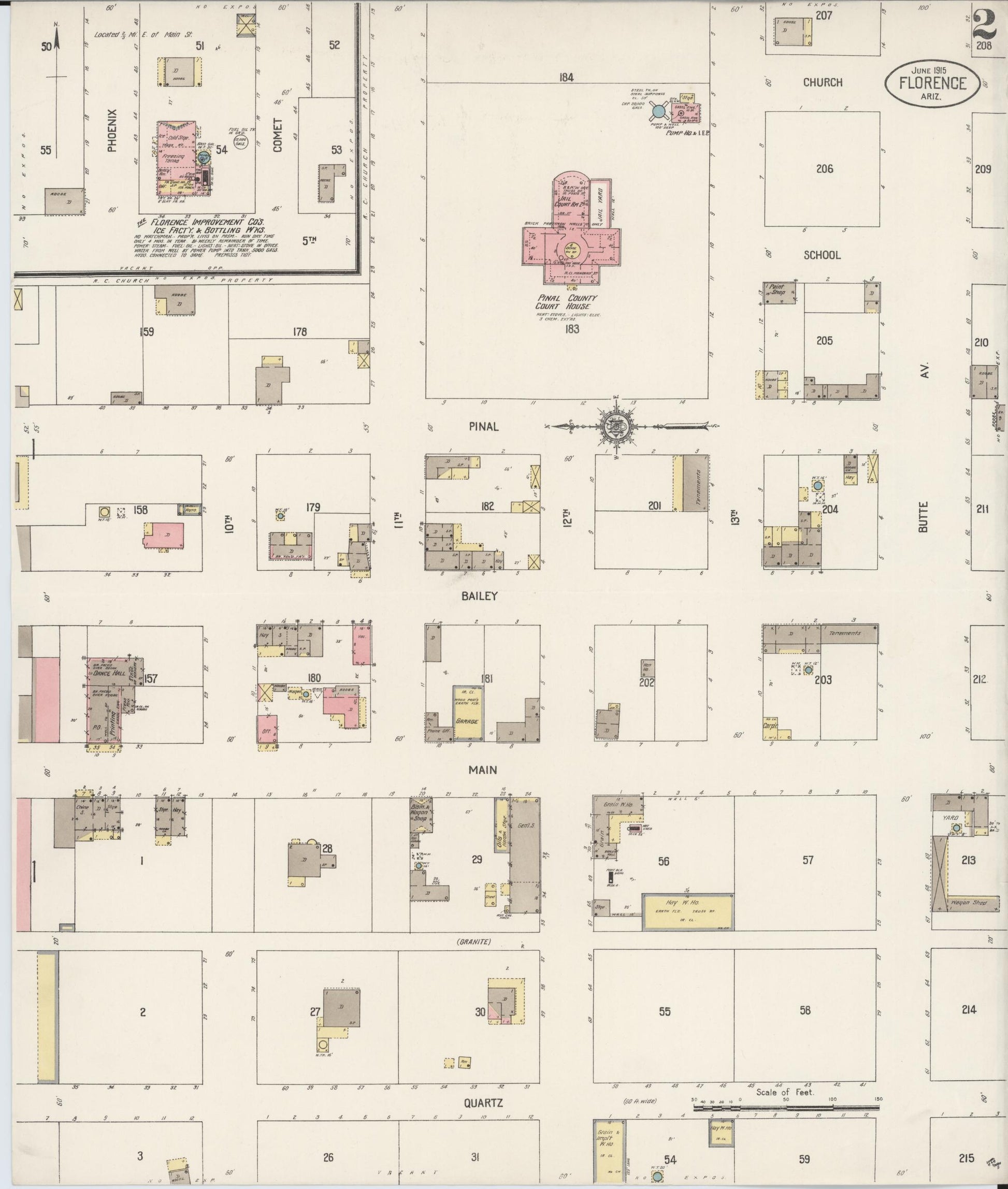 Sanborn Fire Insurance Map from Florence, Pinal County, Arizona (1915), Sheet #0002 - Historic Sanborn Fire Insurance Map Print, vintage old map wall art, antique decor, genealogy gift, Arizona Arizona map