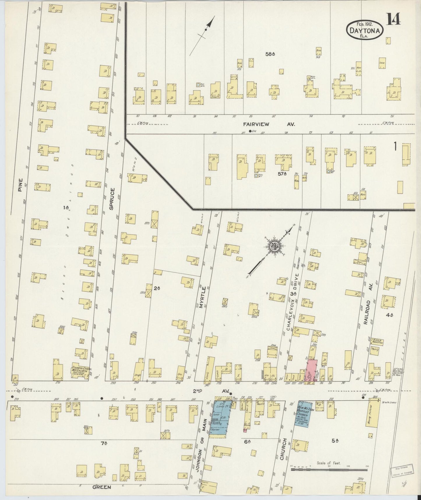 Sanborn Fire Insurance Map from Daytona, Volusia County, Florida (1912), Sheet #0014 - Complete Map Set gallery image, historic Sanborn map, vintage wall art, Florida Florida
