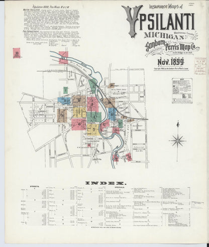 Sanborn Fire Insurance Map from Ypsilanti, Washtenaw County, Michigan (1899), Sheet #0001 - Historic Sanborn Fire Insurance Map Print, vintage old map wall art, antique decor, genealogy gift, Michigan Michigan map