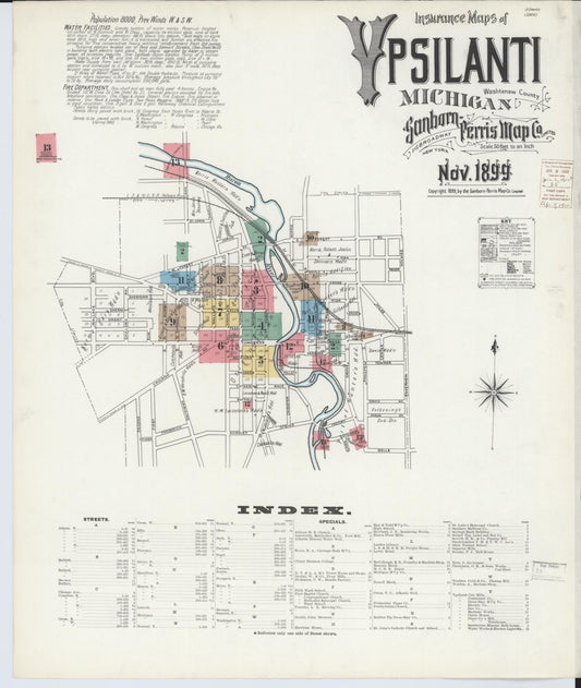 Sanborn Fire Insurance Map from Ypsilanti, Washtenaw County, Michigan (1899), Sheet #0001 - Historic Sanborn Fire Insurance Map Print, vintage old map wall art, antique decor, genealogy gift, Michigan Michigan map