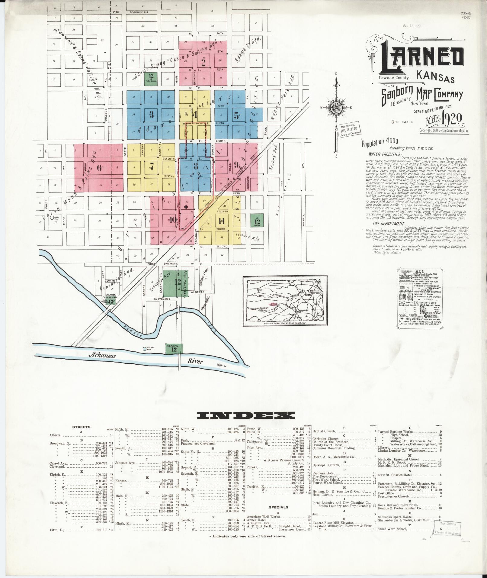 Sanborn Fire Insurance Map from Larned, Pawnee County, Kansas (1920), Sheet #0001 - Complete Map Set gallery image, historic Sanborn map, vintage wall art, Kansas Kansas