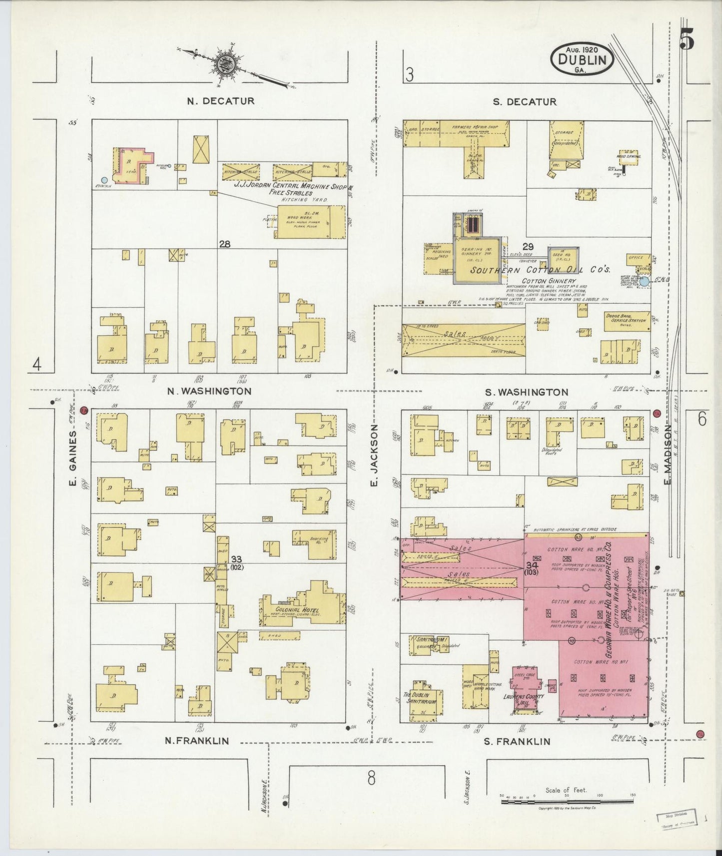 Sanborn Fire Insurance Map from Dublin, Laurens County, Georgia (1920), Sheet #0005 - Historic Sanborn Fire Insurance Map Print, vintage old map wall art, antique decor, genealogy gift, Georgia Georgia map