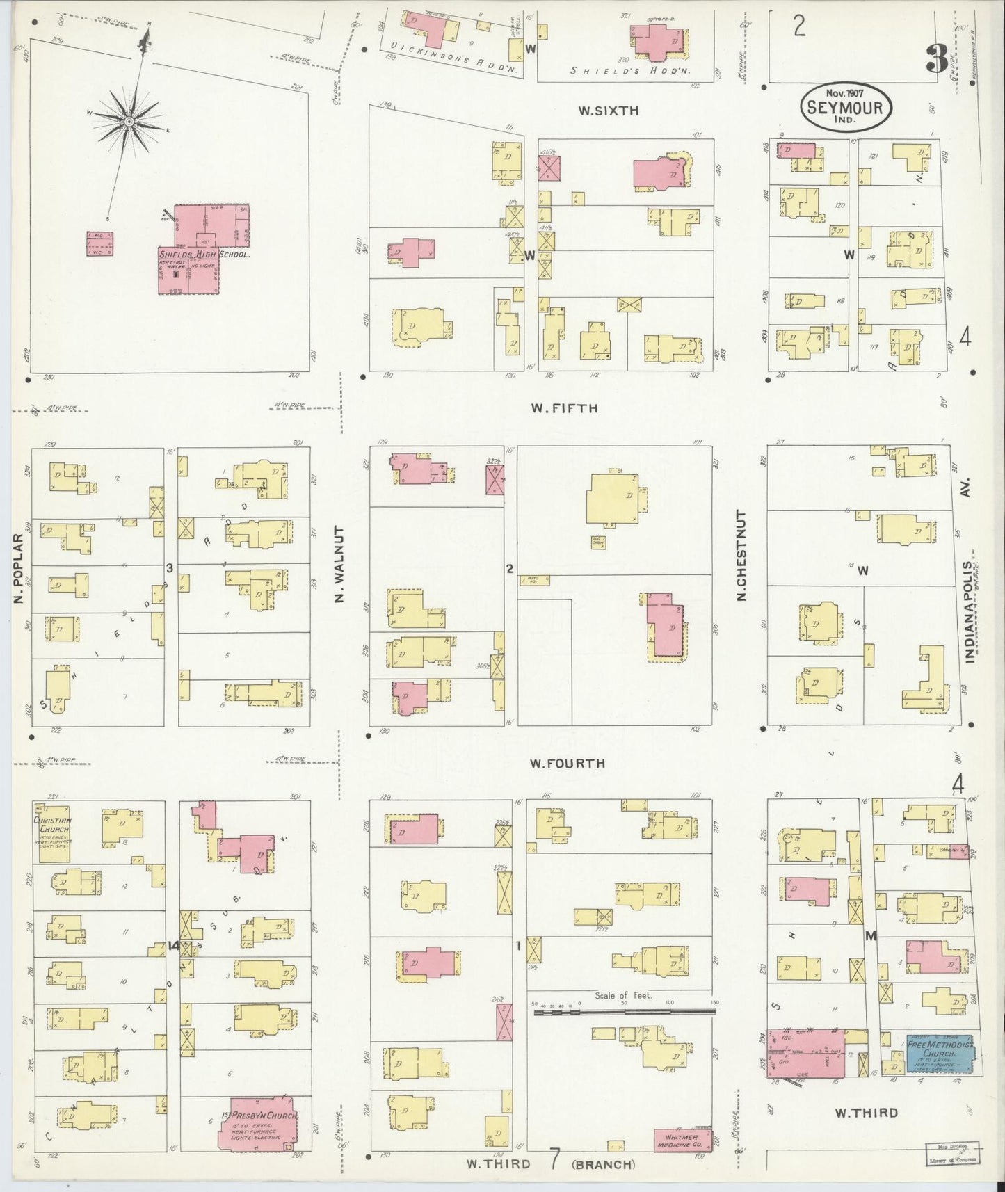 Sanborn Fire Insurance Map from Seymour, Jackson County, Indiana (1907), Sheet #0003 - Complete Map Set gallery image, historic Sanborn map, vintage wall art, Indiana Indiana