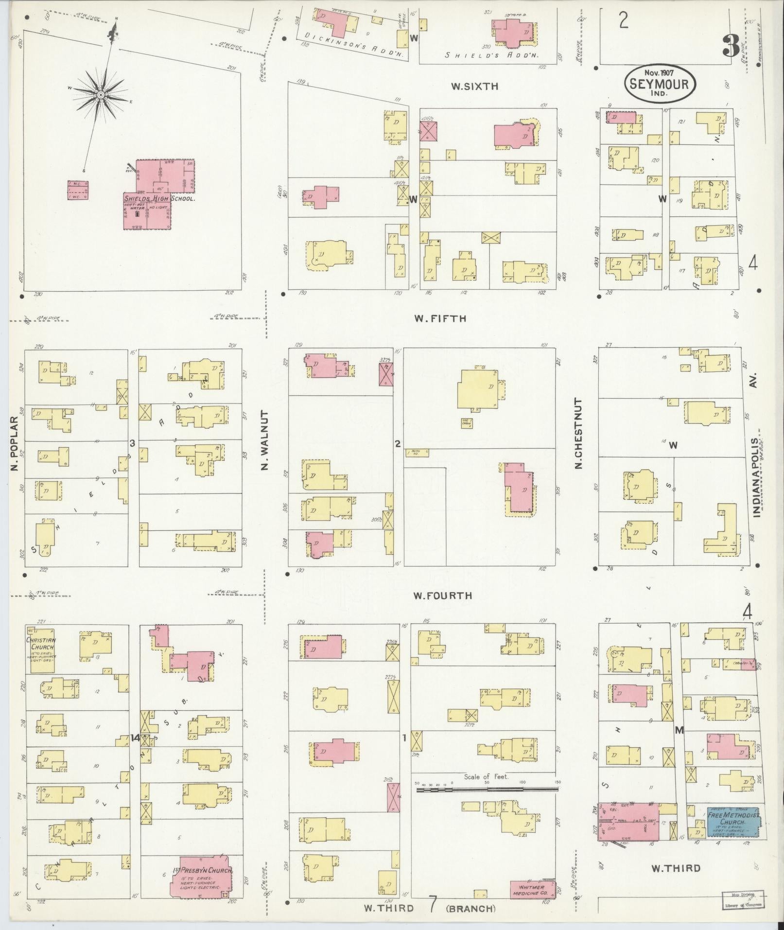 Sanborn Fire Insurance Map from Seymour, Jackson County, Indiana (1907), Sheet #0003 - Complete Map Set gallery image, historic Sanborn map, vintage wall art, Indiana Indiana