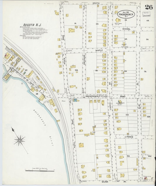 Sanborn Fire Insurance Map from Hackensack, Bergen County, New Jersey (1908), Sheet #0026 - Historic Sanborn Fire Insurance Map Print, vintage old map wall art, antique decor, genealogy gift, New Jersey New Jersey map