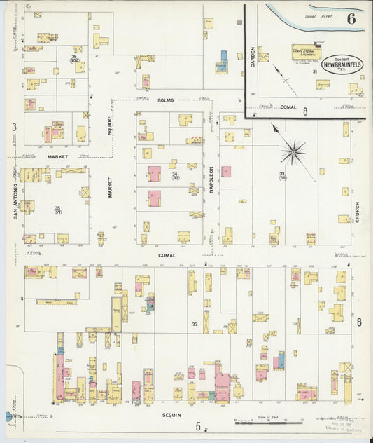 Sanborn Fire Insurance Map from New Braunfels, Comal County, Texas (1907), Sheet #0006 - Historic Sanborn Fire Insurance Map Print, vintage old map wall art, antique decor, genealogy gift, Texas Texas map