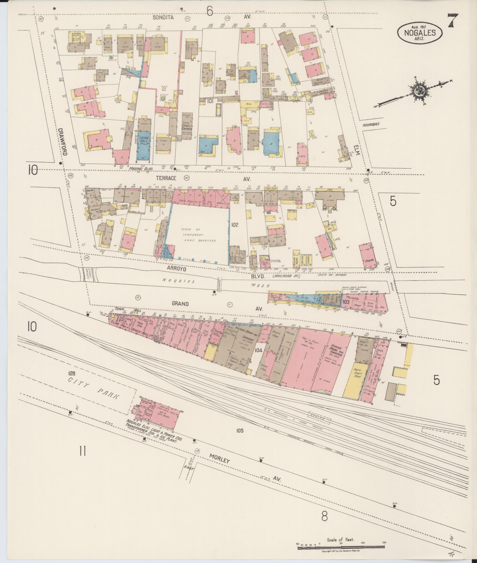 Sanborn Fire Insurance Map from Nogales, Santa Cruz County, Arizona (1917), Sheet #0007 - Complete Map Set gallery image, historic Sanborn map, vintage wall art, Arizona Arizona