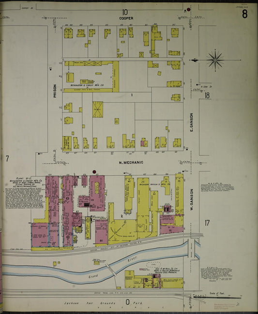 Sanborn Fire Insurance Map from Jackson, Jackson County, Michigan (1907), Sheet #0008 - Historic Sanborn Fire Insurance Map Print, vintage old map wall art, antique decor, genealogy gift, Michigan Michigan map