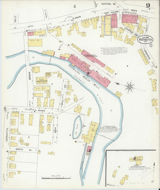 Sanborn Fire Insurance Map from Rochester, Strafford County, New Hampshire (1908), Sheet #0009 - Historic Sanborn Fire Insurance Map Print, vintage old map wall art, antique decor, genealogy gift, New Hampshire New Hampshire map