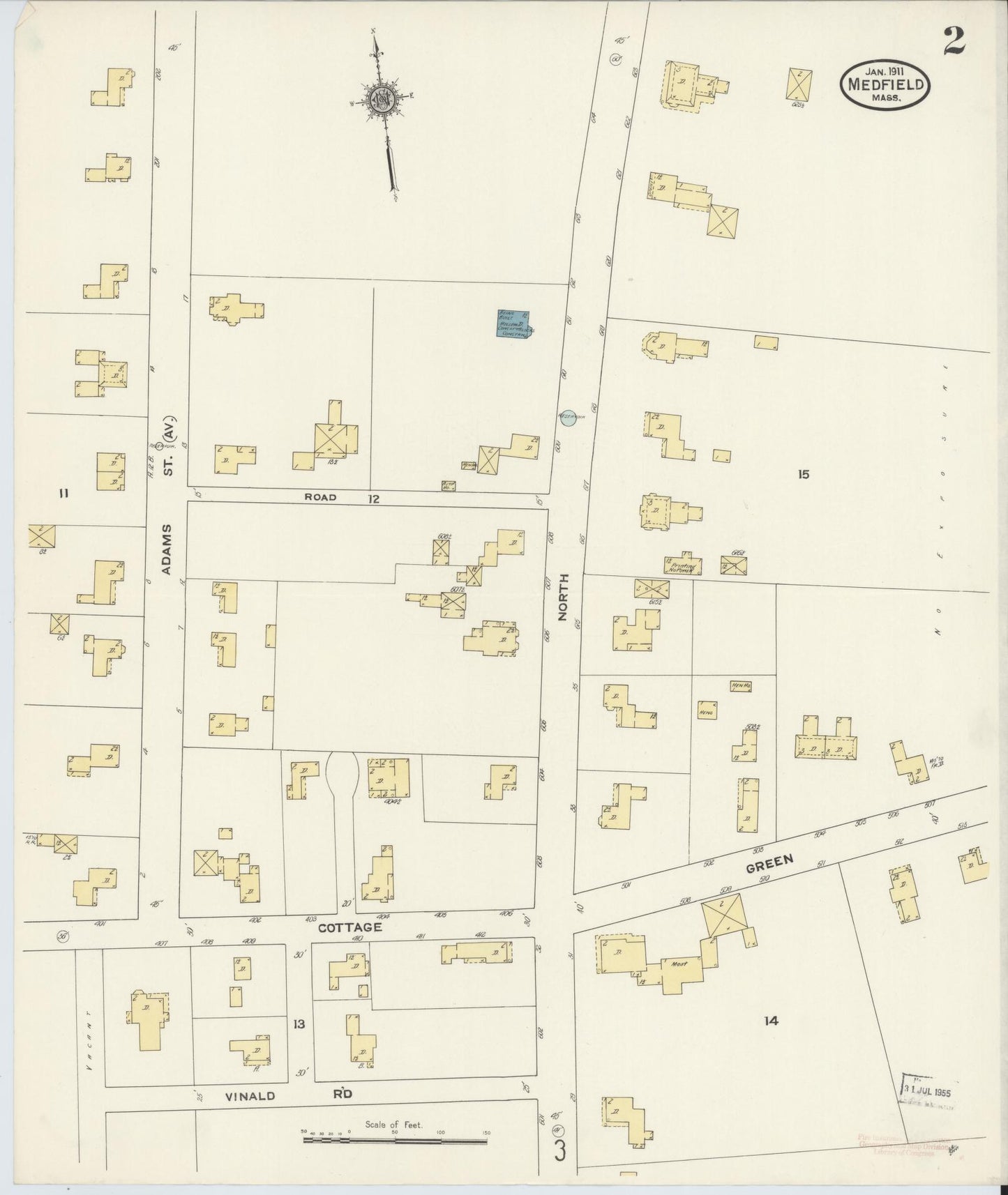 Sanborn Fire Insurance Map from Medfield, Norfolk County, Massachusetts (1911), Sheet #0002 - Historic Sanborn Fire Insurance Map Print, vintage old map wall art, antique decor, genealogy gift, Massachusetts Massachusetts map