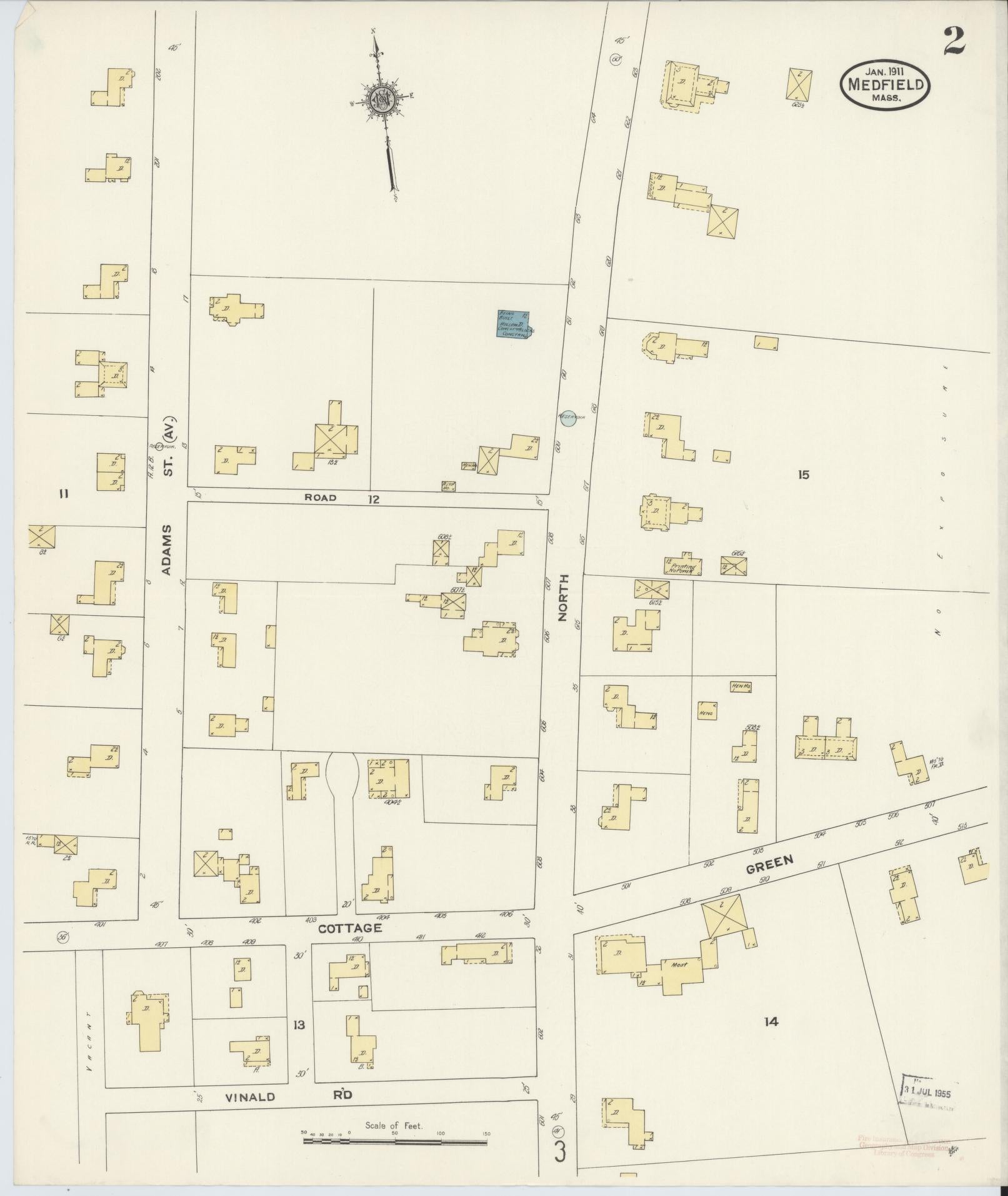 Sanborn Fire Insurance Map from Medfield, Norfolk County, Massachusetts (1911), Sheet #0002 - Historic Sanborn Fire Insurance Map Print, vintage old map wall art, antique decor, genealogy gift, Massachusetts Massachusetts map