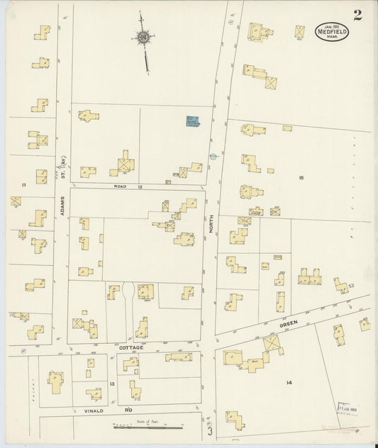 Sanborn Fire Insurance Map from Medfield, Norfolk County, Massachusetts (1911), Sheet #0002 - Historic Sanborn Fire Insurance Map Print, vintage old map wall art, antique decor, genealogy gift, Massachusetts Massachusetts map