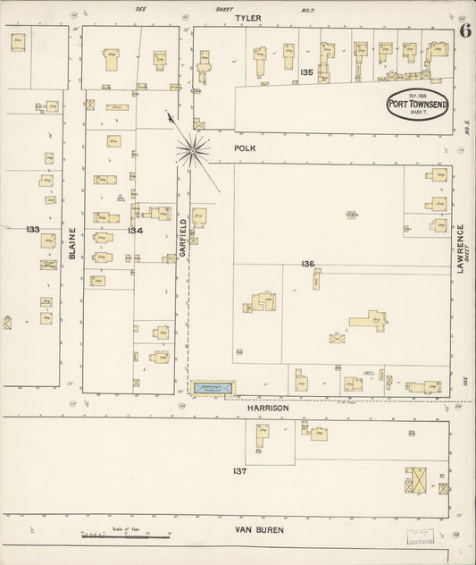 Sanborn Fire Insurance Map from Port Townsend, Jefferson County, Washington (1888), Sheet #0006 - Historic Sanborn Fire Insurance Map Print, vintage old map wall art, antique decor, genealogy gift, Washington Washington map