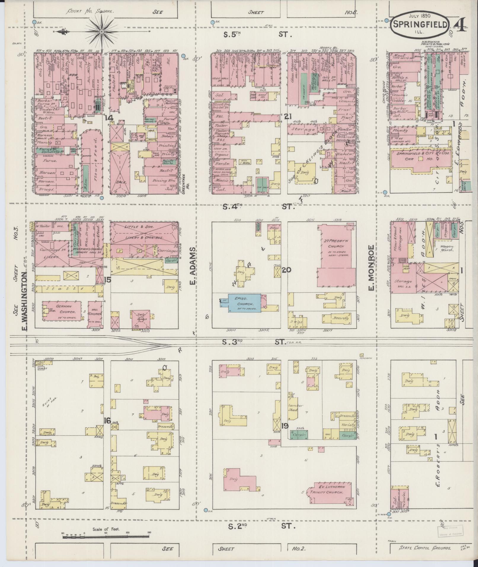 Sanborn Fire Insurance Map from Springfield, Sangamon County, Illinois (1890), Sheet #0004 - Complete Map Set gallery image, historic Sanborn map, vintage wall art, Illinois Illinois