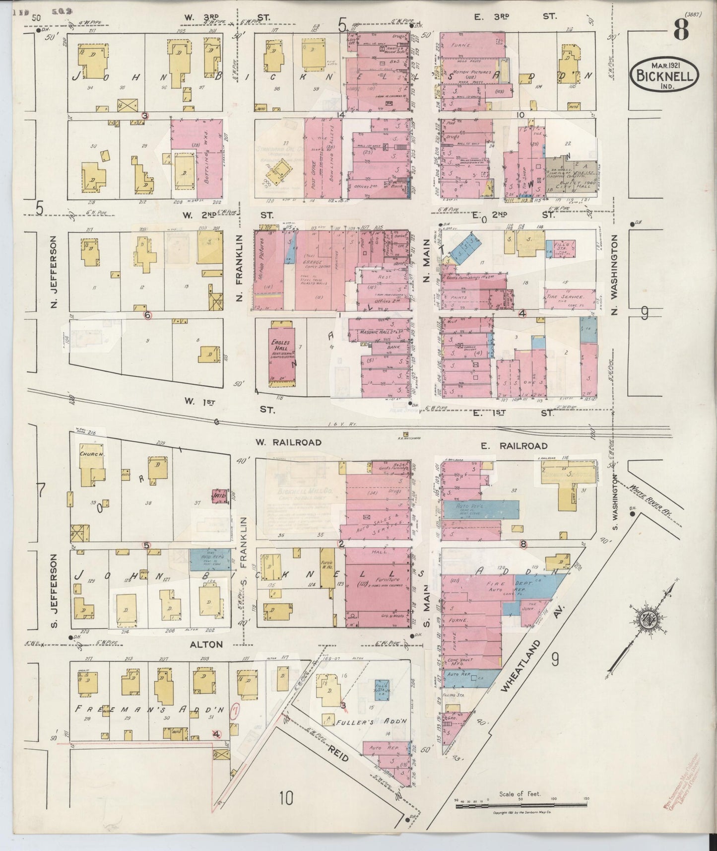 Sanborn Fire Insurance Map from Bicknell, Knox County, Indiana (1946), Sheet #0008 - Historic Sanborn Fire Insurance Map Print, vintage old map wall art, antique decor, genealogy gift, Indiana Indiana map