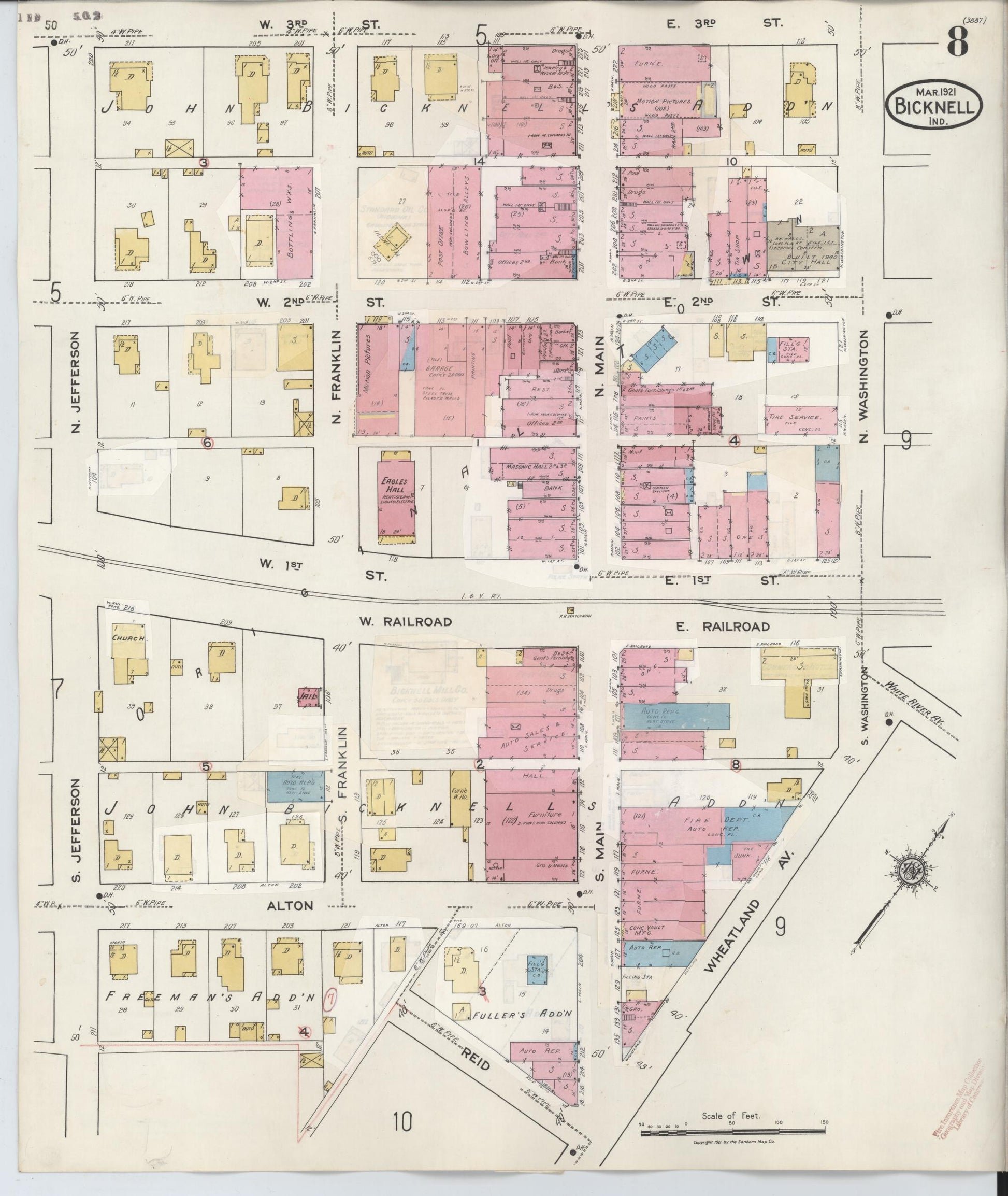 Sanborn Fire Insurance Map from Bicknell, Knox County, Indiana (1946), Sheet #0008 - Historic Sanborn Fire Insurance Map Print, vintage old map wall art, antique decor, genealogy gift, Indiana Indiana map
