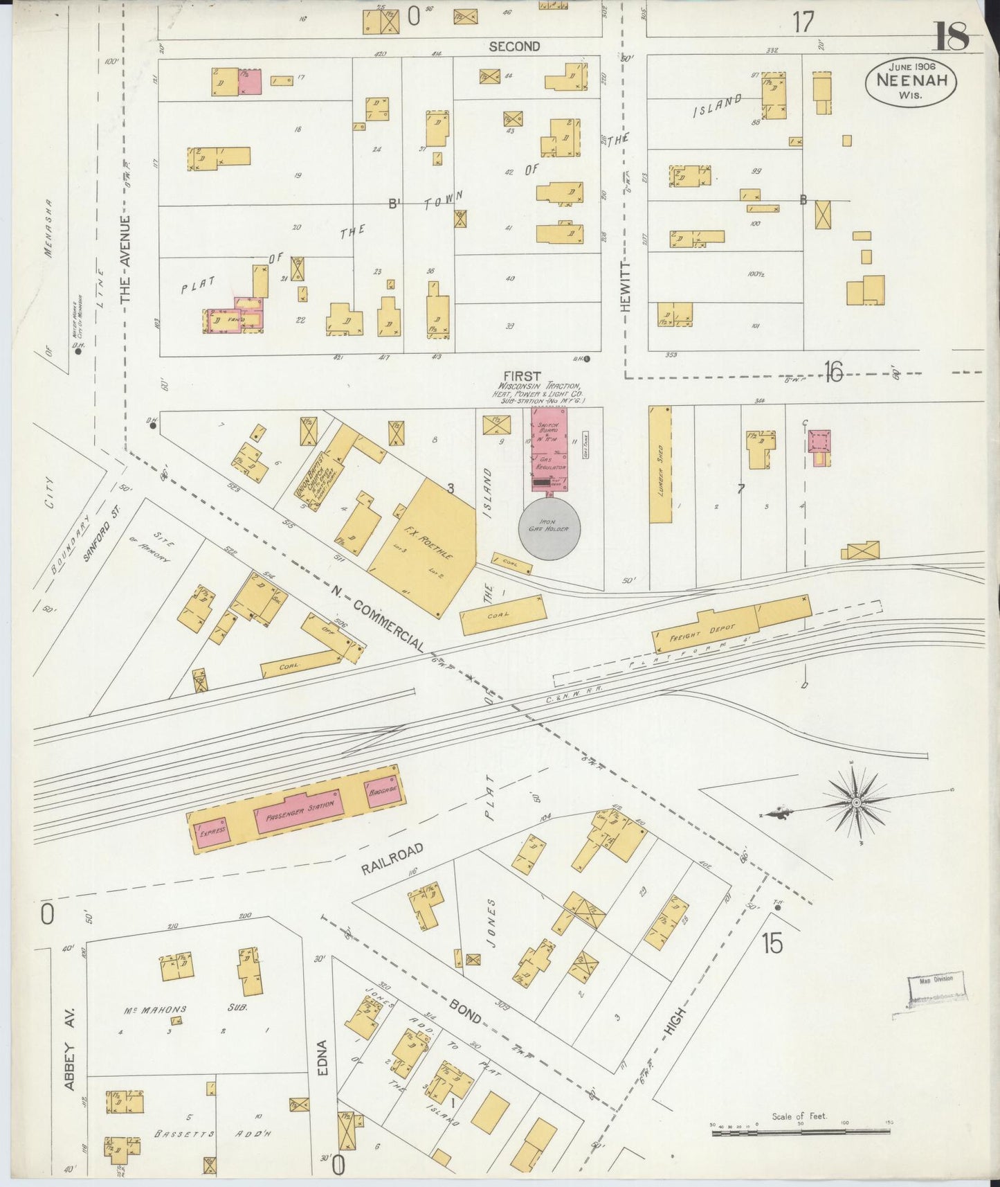 Sanborn Fire Insurance Map from Neenah, Winnebago County, Wisconsin (1906), Sheet #0018 - Historic Sanborn Fire Insurance Map Print, vintage old map wall art, antique decor, genealogy gift, Wisconsin Wisconsin map