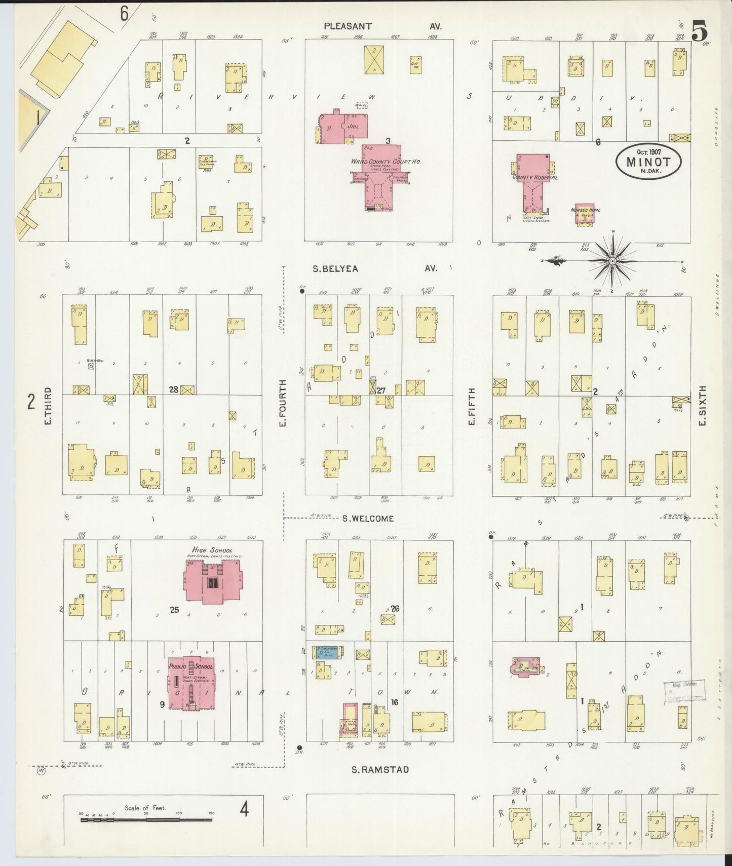 Sanborn Fire Insurance Map from Minot, Ward County, North Dakota (1907), Sheet #0005 - Complete Map Set gallery image, historic Sanborn map, vintage wall art, North Dakota North Dakota