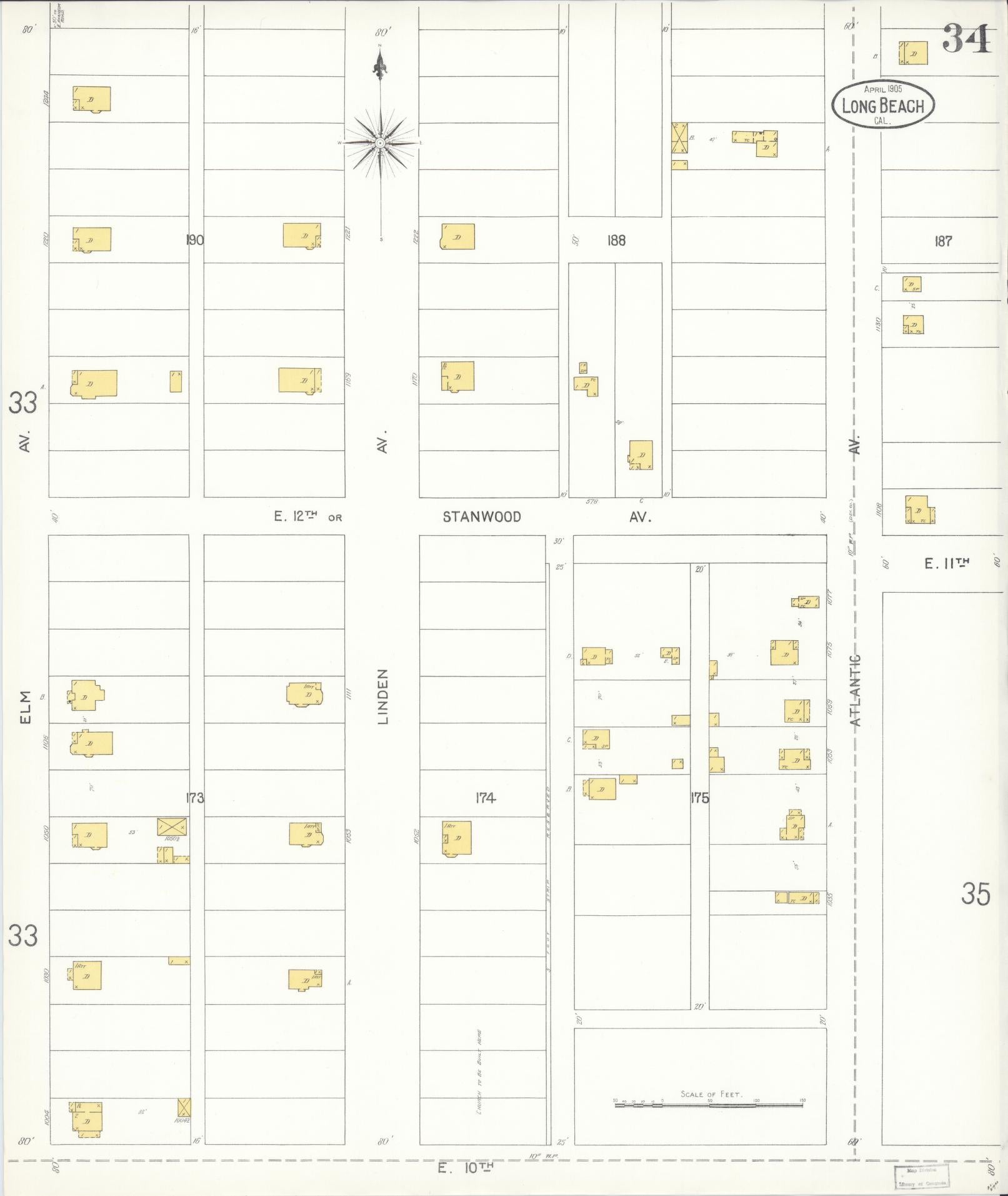 Sanborn Fire Insurance Map from Long Beach, Los Angeles County, California (1905), Sheet #0034 - Historic Sanborn Fire Insurance Map Print, vintage old map wall art, antique decor, genealogy gift, California California map