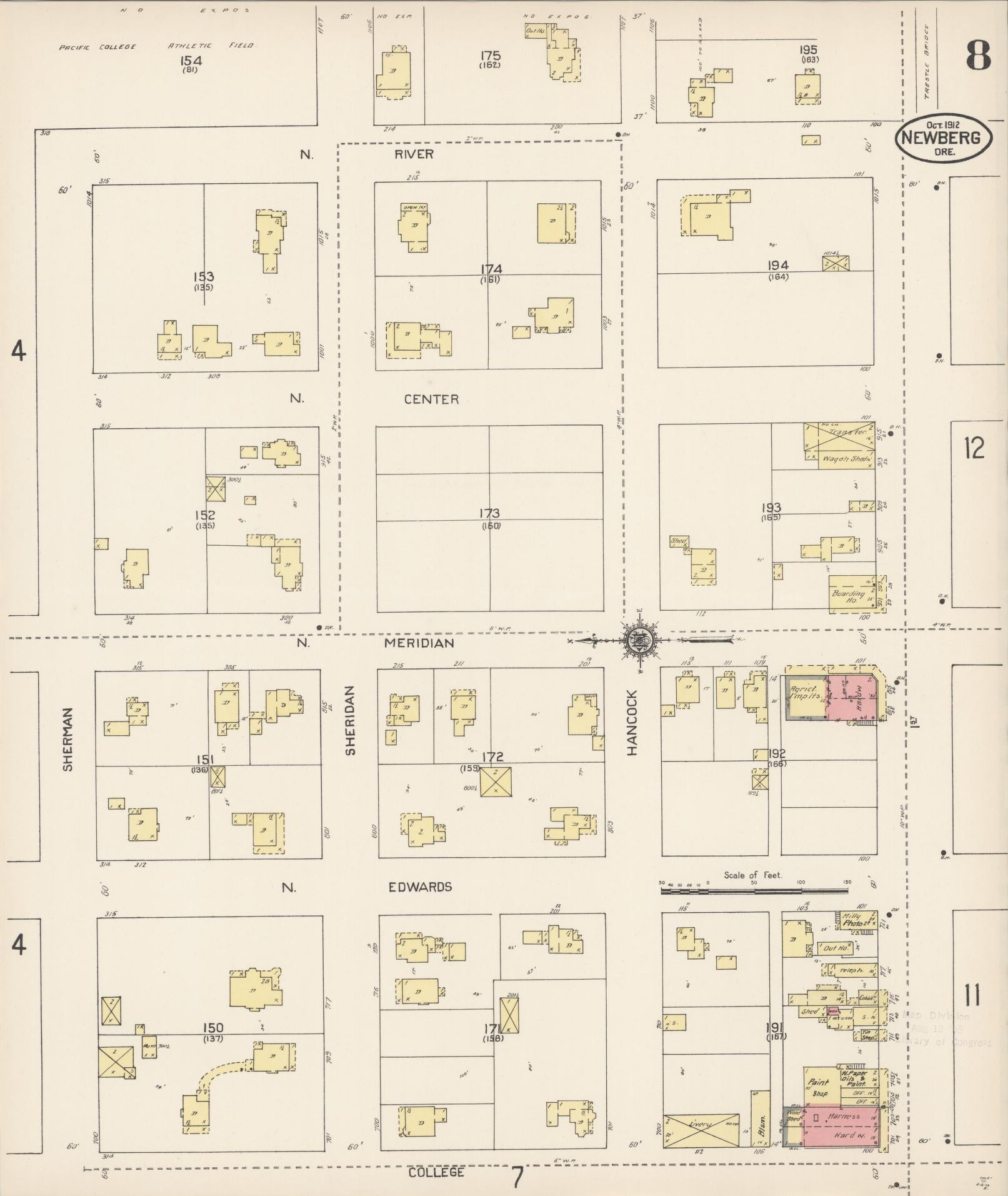 Sanborn Fire Insurance Map from Newberg, Yamhill County, Oregon (1912), Sheet #0008 - Complete Map Set gallery image, historic Sanborn map, vintage wall art, Oregon Oregon