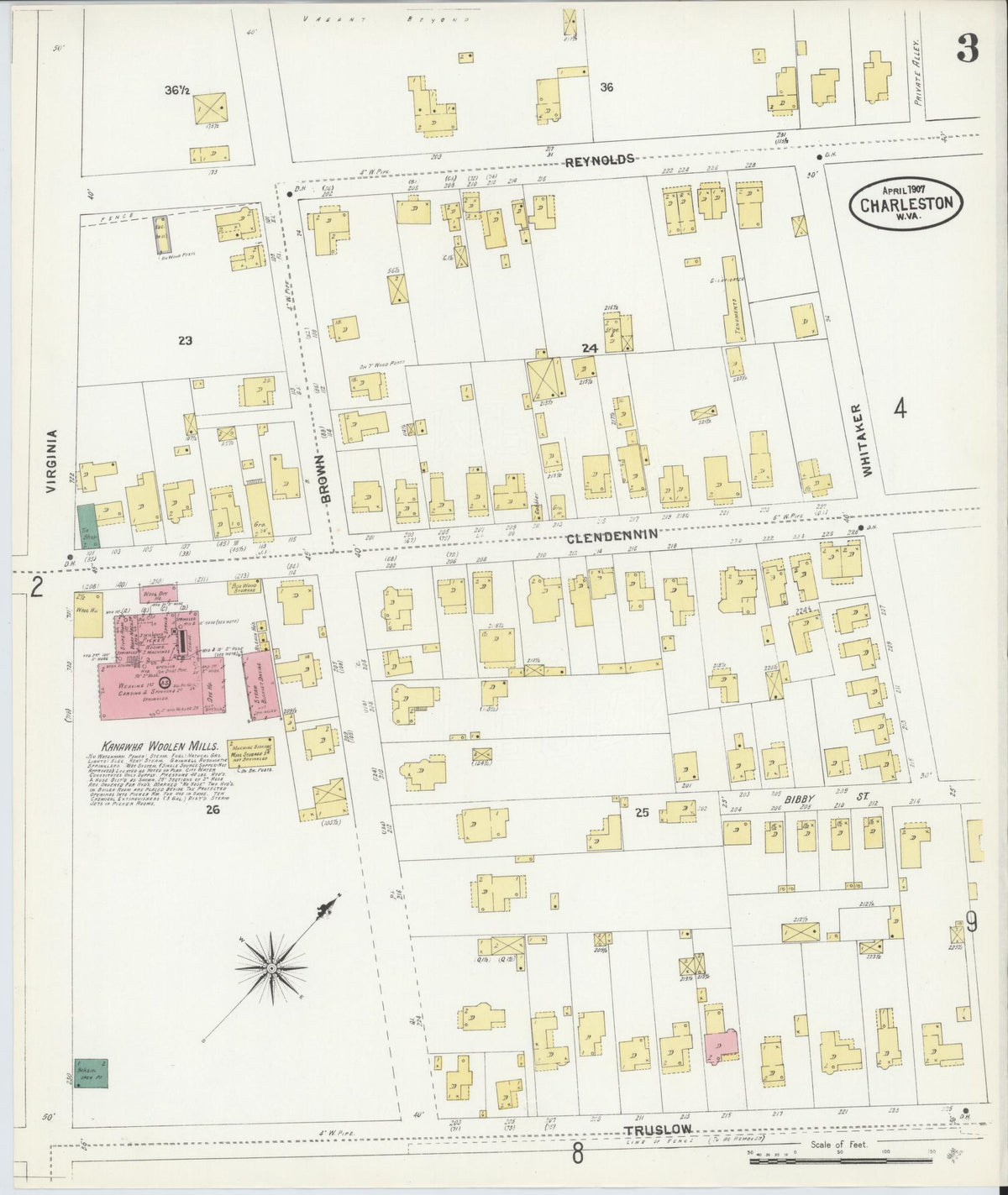 Sanborn Fire Insurance Map from Charleston, Kanawha County, West Virginia (1907), Sheet #0003 - Complete Map Set gallery image, historic Sanborn map, vintage wall art, West Virginia West Virginia